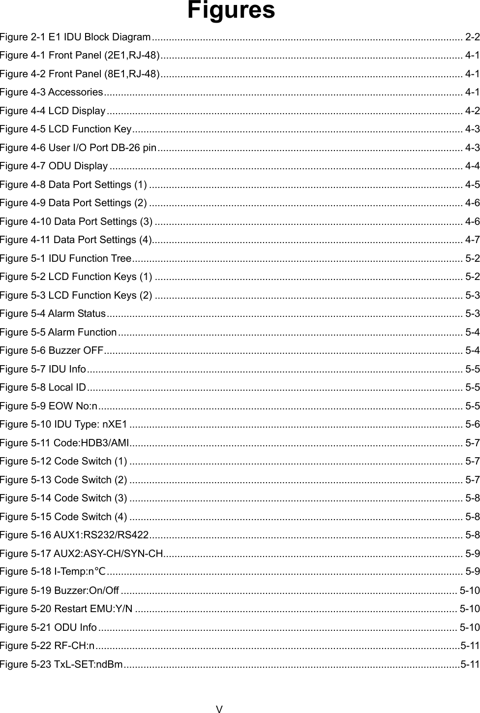   V Figures Figure 2-1 E1 IDU Block Diagram.............................................................................................................. 2-2 Figure 4-1 Front Panel (2E1,RJ-48)........................................................................................................... 4-1 Figure 4-2 Front Panel (8E1,RJ-48)........................................................................................................... 4-1 Figure 4-3 Accessories............................................................................................................................... 4-1 Figure 4-4 LCD Display .............................................................................................................................. 4-2 Figure 4-5 LCD Function Key..................................................................................................................... 4-3 Figure 4-6 User I/O Port DB-26 pin............................................................................................................ 4-3 Figure 4-7 ODU Display ............................................................................................................................. 4-4 Figure 4-8 Data Port Settings (1) ............................................................................................................... 4-5 Figure 4-9 Data Port Settings (2) ............................................................................................................... 4-6 Figure 4-10 Data Port Settings (3) ............................................................................................................. 4-6 Figure 4-11 Data Port Settings (4).............................................................................................................. 4-7 Figure 5-1 IDU Function Tree..................................................................................................................... 5-2 Figure 5-2 LCD Function Keys (1) ............................................................................................................. 5-2 Figure 5-3 LCD Function Keys (2) ............................................................................................................. 5-3 Figure 5-4 Alarm Status.............................................................................................................................. 5-3 Figure 5-5 Alarm Function .......................................................................................................................... 5-4 Figure 5-6 Buzzer OFF............................................................................................................................... 5-4 Figure 5-7 IDU Info..................................................................................................................................... 5-5 Figure 5-8 Local ID..................................................................................................................................... 5-5 Figure 5-9 EOW No:n................................................................................................................................. 5-5 Figure 5-10 IDU Type: nXE1 ...................................................................................................................... 5-6 Figure 5-11 Code:HDB3/AMI...................................................................................................................... 5-7 Figure 5-12 Code Switch (1) ...................................................................................................................... 5-7 Figure 5-13 Code Switch (2) ...................................................................................................................... 5-7 Figure 5-14 Code Switch (3) ...................................................................................................................... 5-8 Figure 5-15 Code Switch (4) ...................................................................................................................... 5-8 Figure 5-16 AUX1:RS232/RS422............................................................................................................... 5-8 Figure 5-17 AUX2:ASY-CH/SYN-CH.......................................................................................................... 5-9 Figure 5-18 I-Temp:n℃.............................................................................................................................. 5-9 Figure 5-19 Buzzer:On/Off ....................................................................................................................... 5-10 Figure 5-20 Restart EMU:Y/N .................................................................................................................. 5-10 Figure 5-21 ODU Info ............................................................................................................................... 5-10 Figure 5-22 RF-CH:n.................................................................................................................................5-11 Figure 5-23 TxL-SET:ndBm.......................................................................................................................5-11 