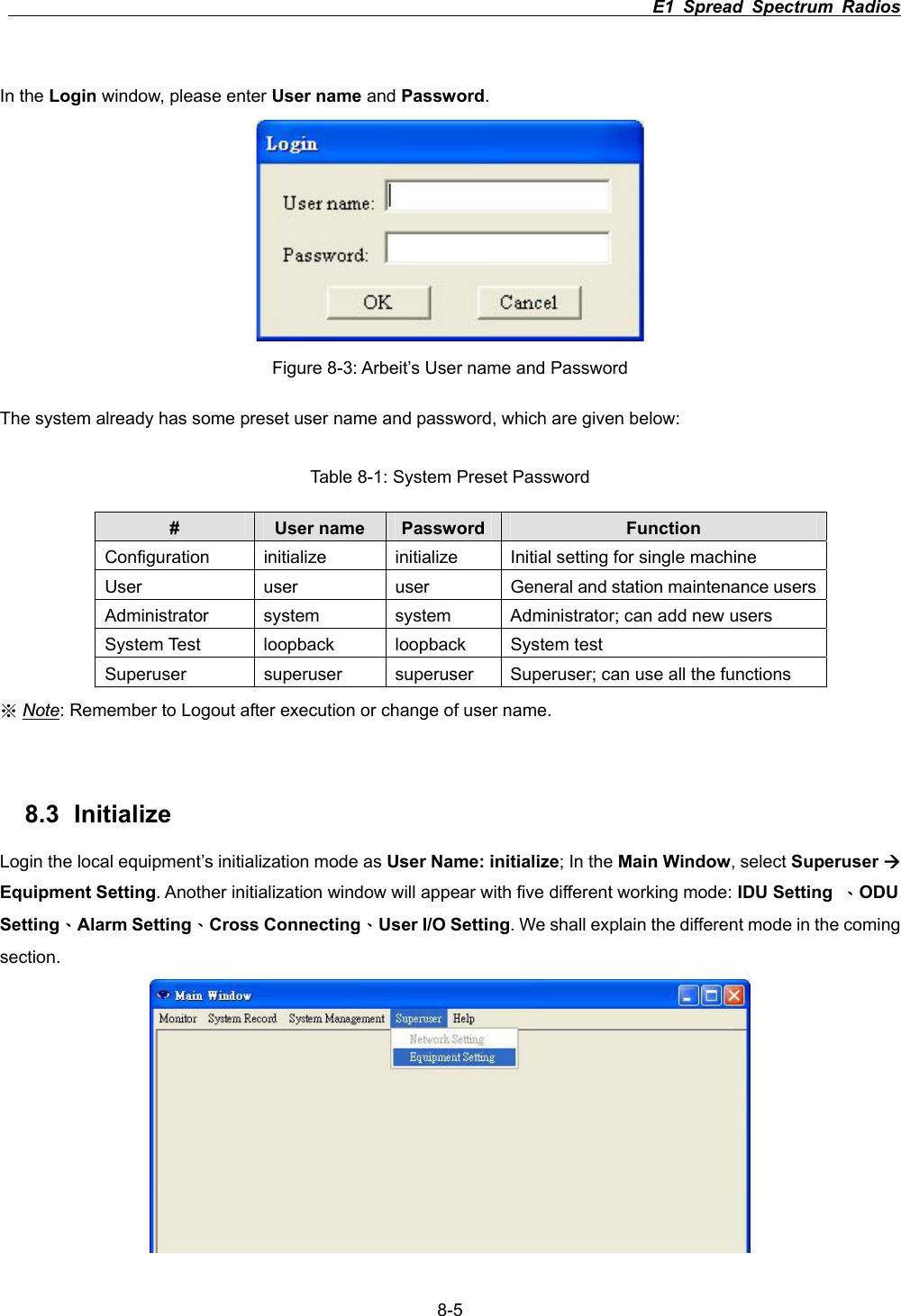                                                                          E1 Spread Spectrum Radios      8-5In the Login window, please enter User name and Password.Figure 8-3: Arbeit&rsquo;s User name and Password The system already has some preset user name and password, which are given below: Table 8-1: System Preset Password #User name  Password Function Configuration    initialize  initialize  Initial setting for single machine User  user  user  General and station maintenance usersAdministrator  system  system  Administrator; can add new users System Test  loopback  loopback  System test Superuser  superuser  superuser  Superuser; can use all the functions ϡNote: Remember to Logout after execution or change of user name.   8.3 Initialize Login the local equipment&rsquo;s initialization mode as User Name: initialize; In the Main Window, select Superuser &AElig;Equipment Setting. Another initialization window will appear with five different working mode: IDU Setting  &Epsilon;ODUSetting&Epsilon;Alarm Setting&Epsilon;Cross Connecting&Epsilon;User I/O Setting. We shall explain the different mode in the coming section. 