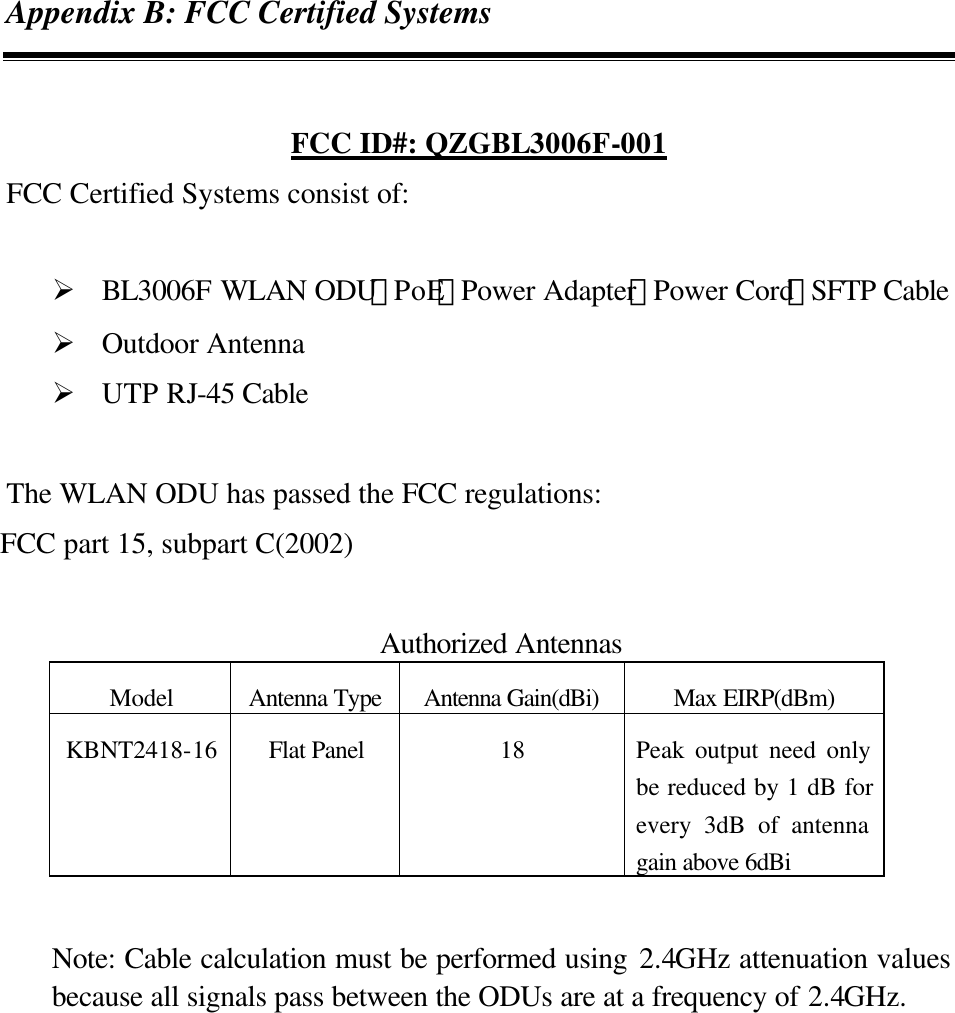 Appendix B: FCC Certified Systems  FCC ID#: QZGBL3006F-001 FCC Certified Systems consist of:     Ø BL3006F WLAN ODU，PoE，Power Adapter，Power Cord，SFTP Cable Ø Outdoor Antenna Ø UTP RJ-45 Cable  The WLAN ODU has passed the FCC regulations: FCC part 15, subpart C(2002)  Authorized Antennas Model Antenna Type Antenna Gain(dBi) Max EIRP(dBm) KBNT2418-16 Flat Panel  18  Peak output need only be reduced by 1 dB for every 3dB of antenna gain above 6dBi  Note: Cable calculation must be performed using 2.4GHz attenuation values because all signals pass between the ODUs are at a frequency of 2.4GHz.    