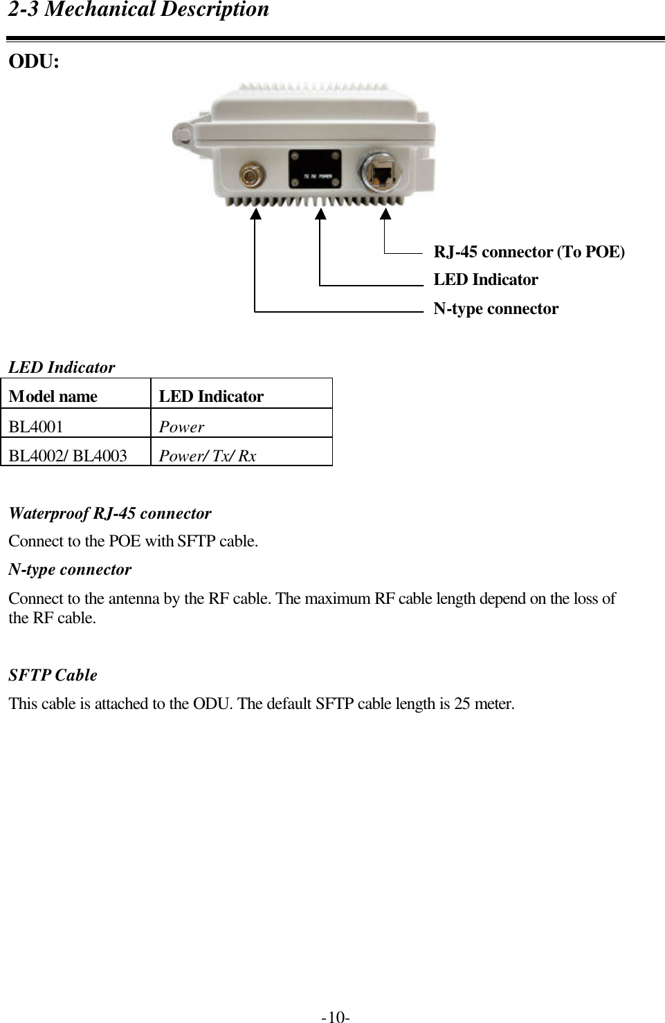  -10-2-3 Mechanical Description ODU:         LED Indicator Model name LED Indicator BL4001 Power BL4002/ BL4003 Power/ Tx/ Rx  Waterproof RJ-45 connector Connect to the POE with SFTP cable. N-type connector Connect to the antenna by the RF cable. The maximum RF cable length depend on the loss of the RF cable.  SFTP Cable This cable is attached to the ODU. The default SFTP cable length is 25 meter.     RJ-45 connector (To POE) LED Indicator N-type connector  