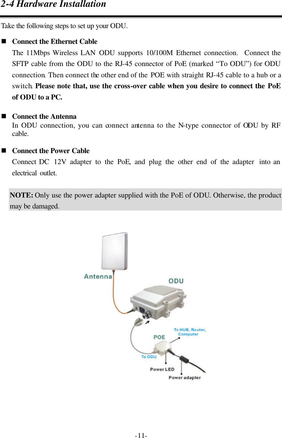  -11-2-4 Hardware Installation Take the following steps to set up your ODU. n Connect the Ethernet Cable The 11Mbps Wireless LAN ODU supports 10/100M Ethernet connection.  Connect the SFTP cable from the ODU to the RJ-45 connector of PoE (marked &ldquo;To ODU&rdquo;) for ODU connection. Then connect the other end of the POE with straight RJ-45 cable to a hub or a switch. Please note that, use the cross-over cable when you desire to connect the PoE of ODU to a PC. n Connect the Antenna In ODU connection, you can connect antenna to the N-type connector of ODU by RF cable.    n Connect the Power Cable Connect DC  12V adapter to the PoE, and plug the other end of the adapter  into an electrical outlet.   NOTE: Only use the power adapter supplied with the PoE of ODU. Otherwise, the product may be damaged.    