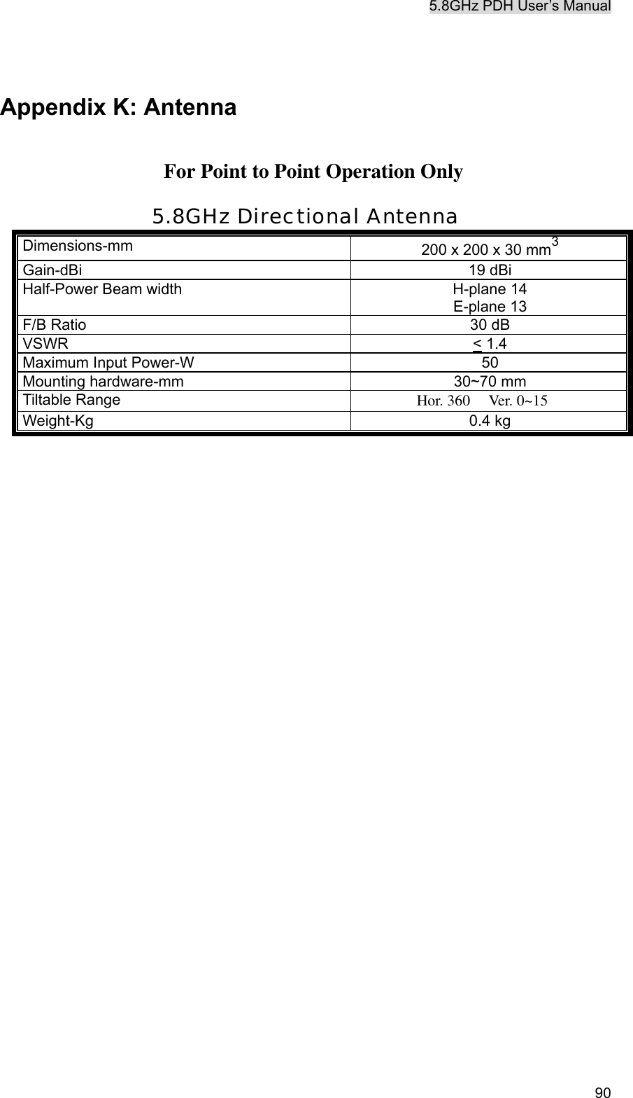 5.8GHz PDH User&rsquo;s Manual   90 Appendix K: Antenna   5.8GHz Directional Antenna Dimensions-mm  200 x 200 x 30 mm3 Gain-dBi 19 dBi Half-Power Beam width  H-plane 14 E-plane 13 F/B Ratio  30 dB VSWR < 1.4 Maximum Input Power-W  50 Mounting hardware-mm  30~70 mm Tiltable Range  Hor. 360   Ver. 0~15 Weight-Kg 0.4 kg   For Point to Point Operation Only