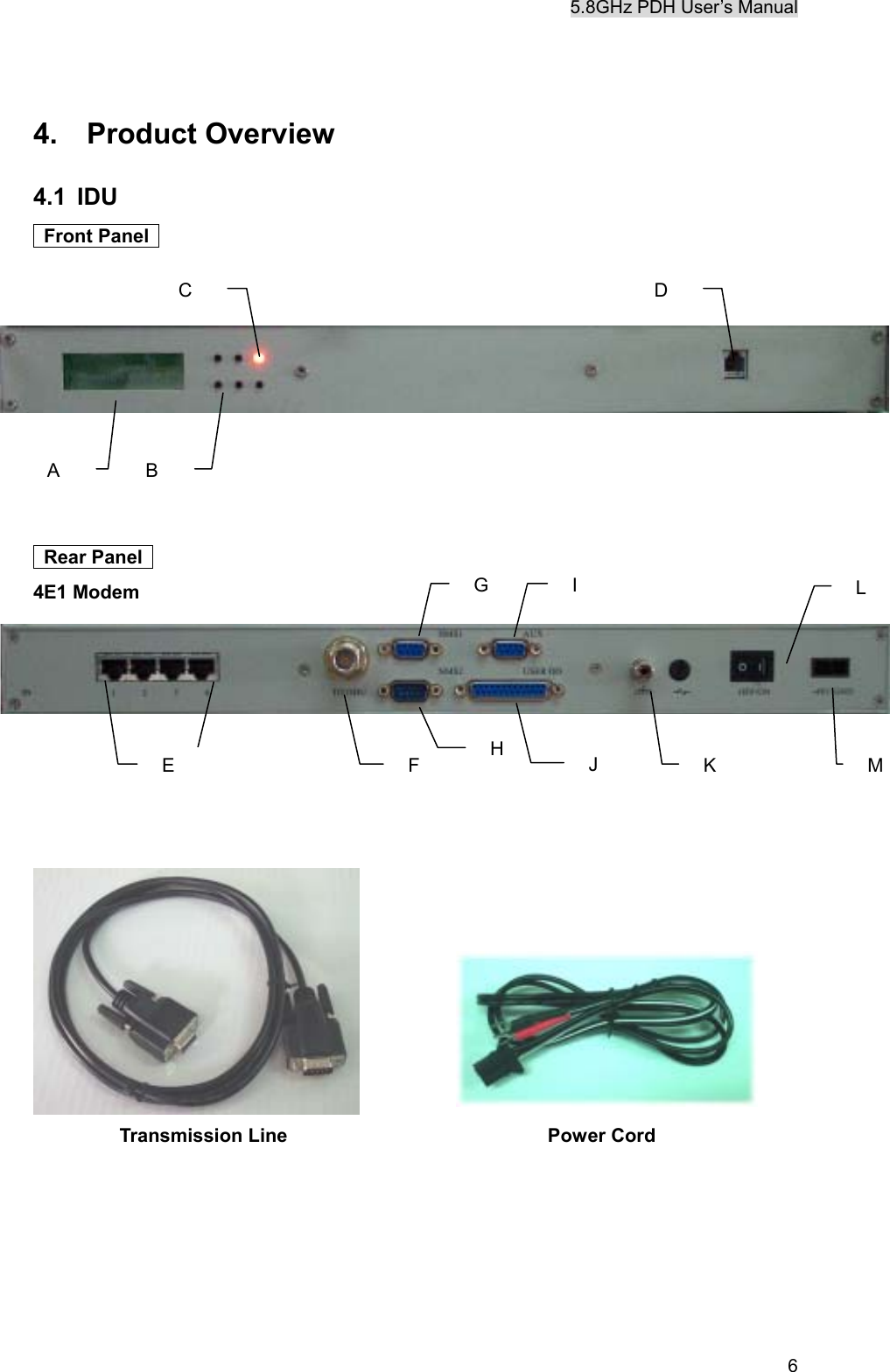 5.8GHz PDH User&rsquo;s Manual  6 4.  Product Overview 4.1 IDU  Front Panel            Rear Panel   4E1 Modem         Transmission Line                     Power Cord      A  B C  D E  F  H  K  M G  I  L J 