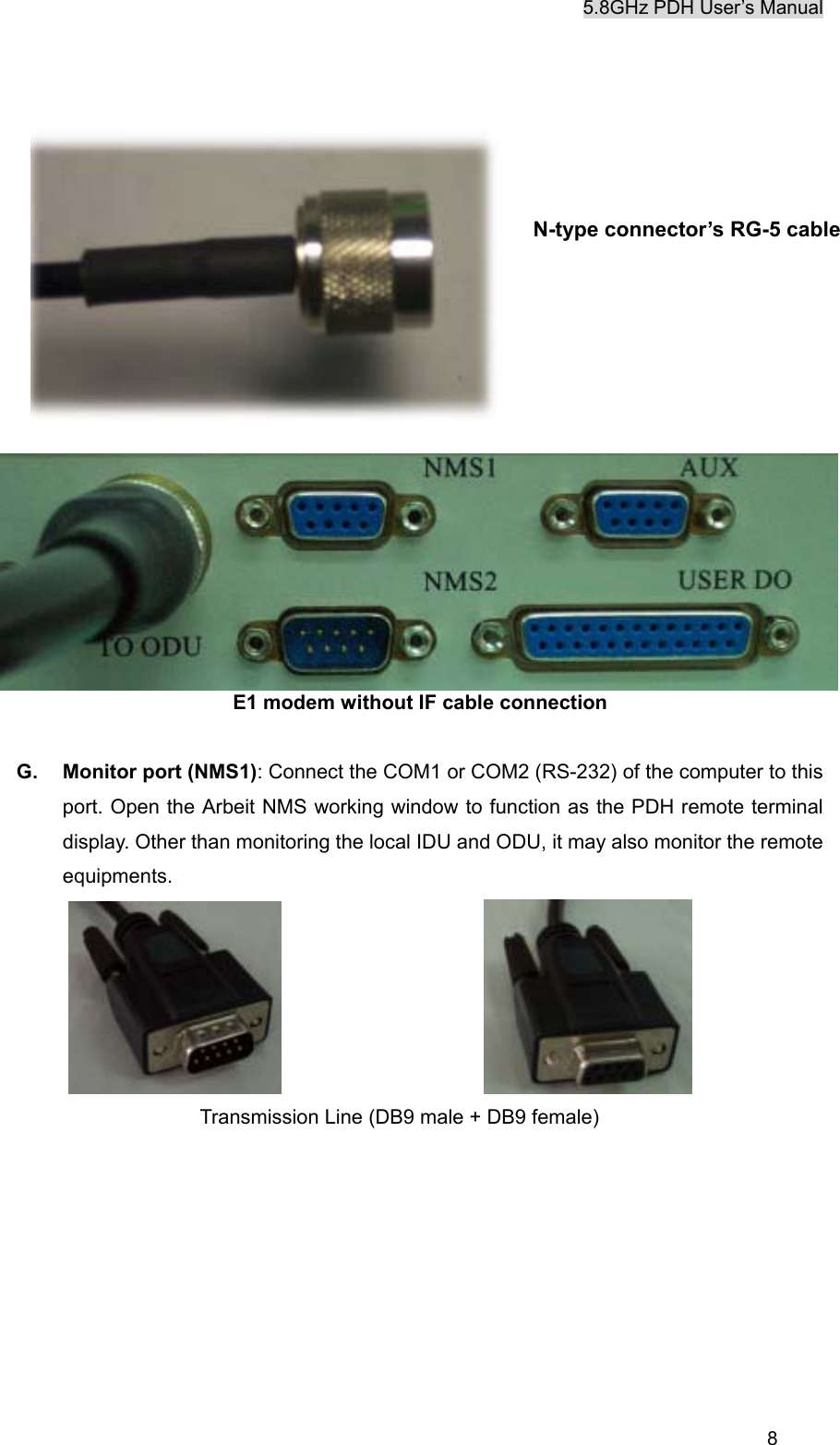 5.8GHz PDH User&rsquo;s Manual  8             E1 modem without IF cable connection  G. Monitor port (NMS1): Connect the COM1 or COM2 (RS-232) of the computer to this port. Open the Arbeit NMS working window to function as the PDH remote terminal display. Other than monitoring the local IDU and ODU, it may also monitor the remote equipments.                       Transmission Line (DB9 male + DB9 female)      N-type connector&rsquo;s RG-5 cable 