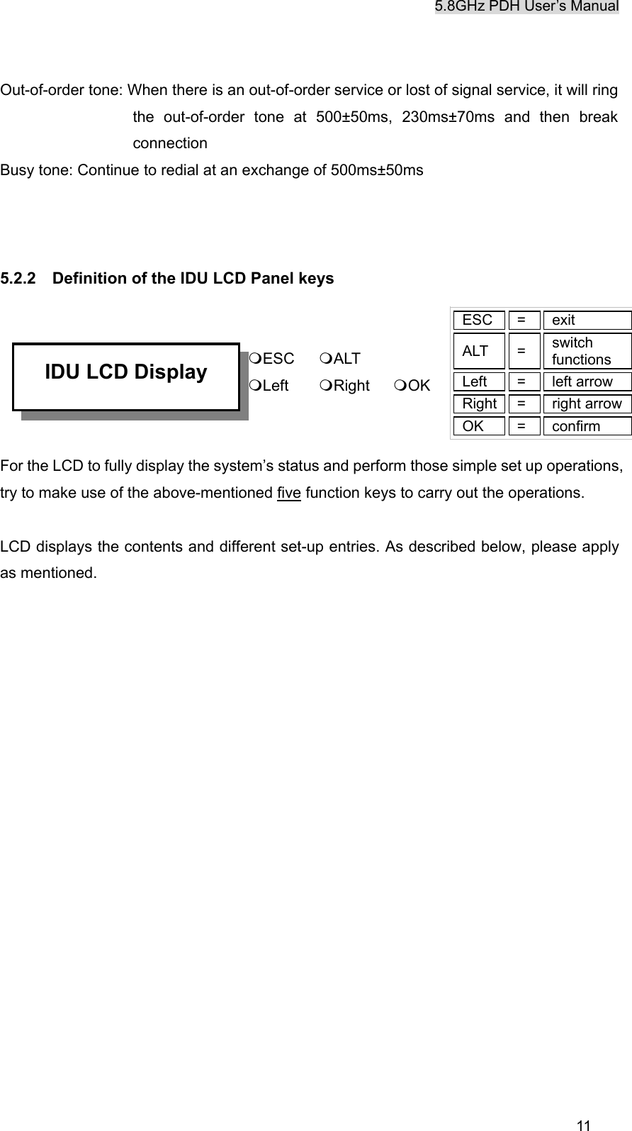 5.8GHz PDH User&rsquo;s Manual  11 Out-of-order tone: When there is an out-of-order service or lost of signal service, it will ring the out-of-order tone at 500&plusmn;50ms, 230ms&plusmn;70ms and then break connection Busy tone: Continue to redial at an exchange of 500ms&plusmn;50ms    5.2.2    Definition of the IDU LCD Panel keys          ESC   ALT        Left    Right   OK   For the LCD to fully display the system&rsquo;s status and perform those simple set up operations, try to make use of the above-mentioned five function keys to carry out the operations.  LCD displays the contents and different set-up entries. As described below, please apply as mentioned. IDU LCD Display ESC =  exit ALT = switch functions Left = left arrow Right =  right arrow OK = confirm 