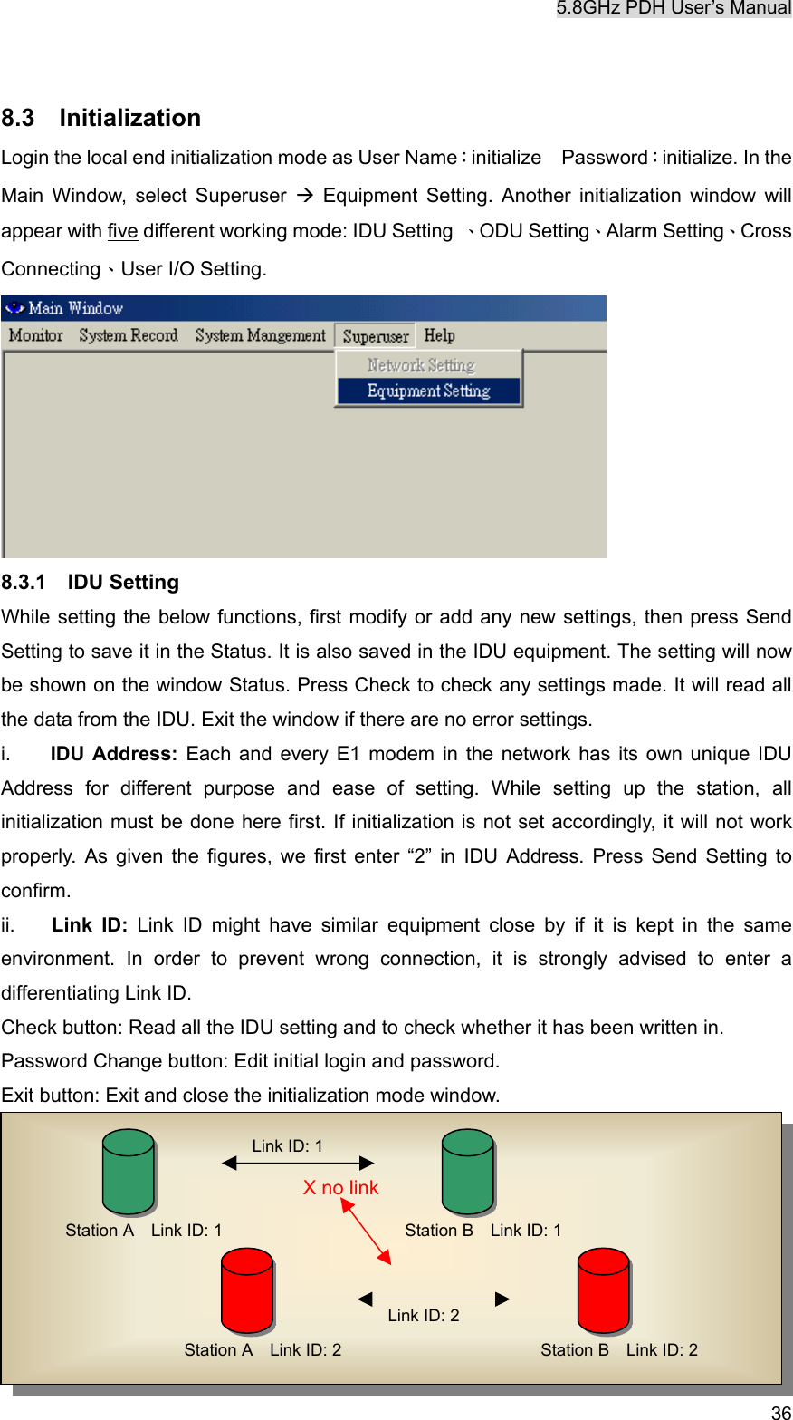 5.8GHz PDH User&rsquo;s Manual  36 8.3  Initialization Login the local end initialization mode as User Name：initialize  Password：initialize. In the Main Window, select Superuser &AElig; Equipment Setting. Another initialization window will appear with five different working mode: IDU Setting  、ODU Setting、Alarm Setting、Cross Connecting、User I/O Setting.  8.3.1  IDU Setting While setting the below functions, first modify or add any new settings, then press Send Setting to save it in the Status. It is also saved in the IDU equipment. The setting will now be shown on the window Status. Press Check to check any settings made. It will read all the data from the IDU. Exit the window if there are no error settings. i.    IDU Address: Each and every E1 modem in the network has its own unique IDU Address for different purpose and ease of setting. While setting up the station, all initialization must be done here first. If initialization is not set accordingly, it will not work properly. As given the figures, we first enter &ldquo;2&rdquo; in IDU Address. Press Send Setting to confirm. ii.  Link ID: Link ID might have similar equipment close by if it is kept in the same environment. In order to prevent wrong connection, it is strongly advised to enter a differentiating Link ID. Check button: Read all the IDU setting and to check whether it has been written in.   Password Change button: Edit initial login and password. Exit button: Exit and close the initialization mode window.                      Link ID: 1 Link ID: 2 X no link Station A    Link ID: 2  Station B    Link ID: 2 Station A    Link ID: 1  Station B    Link ID: 1 