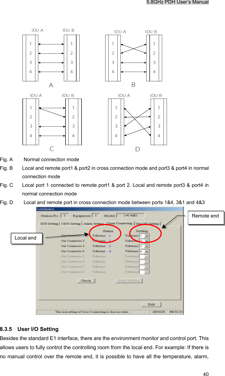5.8GHz PDH User&rsquo;s Manual   40 1234123412341234ABID U  A IDU B IDU A IDU B 1234123412341234CDID U  A ID U  B ID U  A ID U  B Fig. A  Normal connection mode Fig. B  Local and remote port1 &amp; port2 in cross connection mode and port3 &amp; port4 in normal connection mode Fig. C  Local port 1 connected to remote port1 &amp; port 2. Local and remote port3 &amp; port4 in normal connection mode Fig. D  Local and remote port in cross connection mode between ports 1&amp;4, 3&amp;1 and 4&amp;3              8.3.5  User I/O Setting Besides the standard E1 interface, there are the environment monitor and control port. This allows users to fully control the controlling room from the local end. For example: If there is no manual control over the remote end, it is possible to have all the temperature, alarm, Local end Remote end 