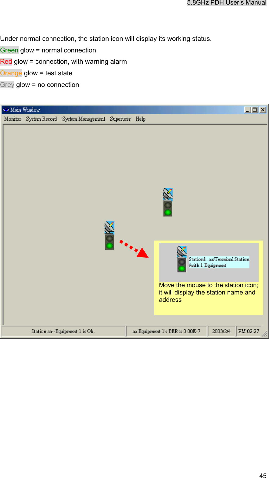 5.8GHz PDH User&rsquo;s Manual   45 Under normal connection, the station icon will display its working status. Green glow = normal connection Red glow = connection, with warning alarm Orange glow = test state Grey glow = no connection             Move the mouse to the station icon;it will display the station name and address 