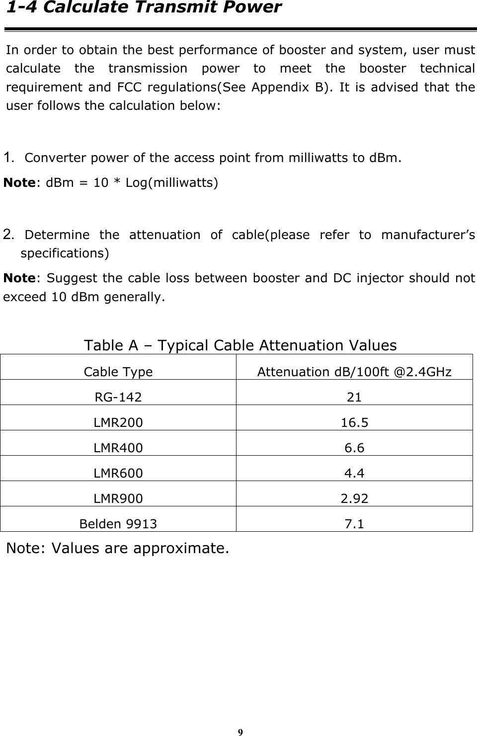 9 1-4 Calculate Transmit Power In order to obtain the best performance of booster and system, user must calculate the transmission power to meet the booster technical requirement and FCC regulations(See Appendix B). It is advised that the user follows the calculation below:  1. Converter power of the access point from milliwatts to dBm. Note: dBm = 10 * Log(milliwatts)  2. Determine the attenuation of cable(please refer to manufacturer&rsquo;s specifications) Note: Suggest the cable loss between booster and DC injector should not exceed 10 dBm generally.  Table A &ndash; Typical Cable Attenuation Values Cable Type  Attenuation dB/100ft @2.4GHz RG-142 21 LMR200 16.5 LMR400 6.6 LMR600 4.4 LMR900 2.92 Belden 9913  7.1 Note: Values are approximate.