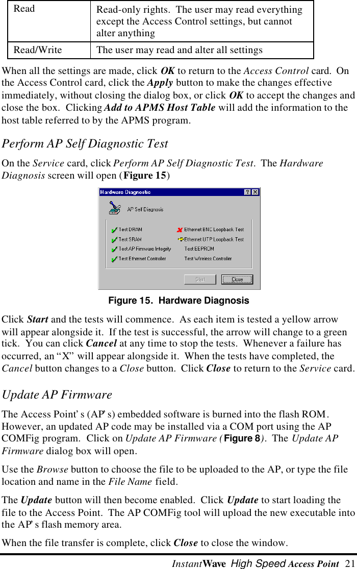  InstantWave High Speed Access Point  21Read Read-only rights.  The user may read everythingexcept the Access Control settings, but cannotalter anythingRead/Write The user may read and alter all settingsWhen all the settings are made, click OK to return to the Access Control card.  Onthe Access Control card, click the Apply button to make the changes effectiveimmediately, without closing the dialog box, or click OK to accept the changes andclose the box.  Clicking Add to APMS Host Table will add the information to thehost table referred to by the APMS program.Perform AP Self Diagnostic TestOn the Service card, click Perform AP Self Diagnostic Test.  The HardwareDiagnosis screen will open (Figure 15)Figure 15.  Hardware DiagnosisClick Start and the tests will commence.  As each item is tested a yellow arrowwill appear alongside it.  If the test is successful, the arrow will change to a greentick.  You can click Cancel at any time to stop the tests.  Whenever a failure hasoccurred, an &ldquo;X&rdquo; will appear alongside it.  When the tests have completed, theCancel button changes to a Close button.  Click Close to return to the Service card.Update AP FirmwareThe Access Point&rsquo;s (AP&rsquo;s) embedded software is burned into the flash ROM.However, an updated AP code may be installed via a COM port using the APCOMFig program.  Click on Update AP Firmware (Figure 8).  The Update APFirmware dialog box will open.Use the Browse button to choose the file to be uploaded to the AP, or type the filelocation and name in the File Name field.The Update button will then become enabled.  Click Update to start loading thefile to the Access Point.  The AP COMFig tool will upload the new executable intothe AP&rsquo;s flash memory area.When the file transfer is complete, click Close to close the window.
