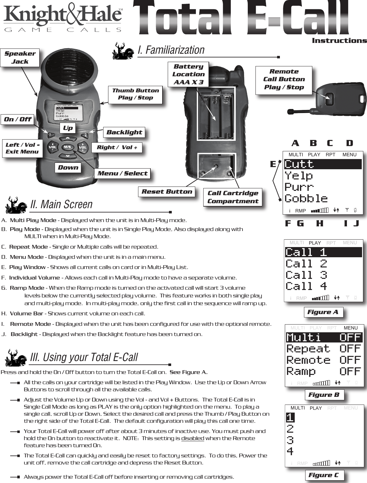 Total E-CallUp On / Off BacklightDownLeft / Vol -Exit Menu Right /  Vol +Menu / SelectCall Cartridge CompartmentReset ButtonMULTI PLAY RPT MENUi RMPGobblePurrYelpCuttBattery LocationAAA X 3RemoteCall ButtonPlay / StopI. FamiliarizationII. Main ScreenPress and hold the On / Off button to turn the Total E-Call on.  See Figure A.  All the calls on your cartridge will be listed in the Play Window.  Use the Up or Down Arrow    Buttons to scroll through all the available calls.  Adjust the Volume Up or Down using the Vol - and Vol + Buttons.  The Total E-Call is in    Single Call Mode as long as PLAY is the only option  highlighted on the menu.  To play a    single call, scroll Up or Down, Select the desired call and press the Thumb / Play Button on    the right side of the Total E-Call.  The default conﬁguration will play this call one time.  Your Total E-Call will power off after about 3 minutes of inactive use. You must push and    hold the On button to reactivate it.  NOTE:  This setting is disabled when the Remote   feature has been turned On.  The Total E-Call can quickly and easily be reset to factory settings.  To do this, Power the    unit off, remove the call cartridge and depress the Reset Button.  Always power the Total E-Call off before inserting or removing call cartridges.A B C DEF G H I JA.  Multi Play Mode - Displayed when the unit is in Multi-Play mode.B.  Play Mode - Displayed when the unit is in Single Play Mode, Also displayed along with      MULTI when in Multi-Play Mode.C.  Repeat Mode - Single or Multiple calls will be repeated.D.  Menu Mode - Displayed when the unit is in a main menu.E.  Play Window - Shows all current calls on card or in Multi-Play List.F.  Individual Volume - Allows each call in Multi-Play mode to have a separate volume.G.  Ramp Mode - When the Ramp mode is turned on the activated call will start 3 volume      levels below the currently selected play volume.  This feature works in both  single play    and multi-play mode.  In multi-play mode, only the ﬁrst call in the sequence will ramp up.H.  Volume Bar - Shows current volume on each call.I.    Remote Mode - Displayed when the unit has been conﬁgured for use with the optional remote.J.   Backlight - Displayed when the Backlight feature has been turned on.III. Using your Total E-CallMULTIPLAYRPTMENUiRMPCall 4Call 3Call 2Call 1InstructionsThumb ButtonPlay / StopFigure ASpeakerJackMULTI PLAY RPT MENUi RMPGobblePurrYelpCuttMULTIPLAYRPTMENUiRMPRampRemoteRepeatMulti OFFOFFOFFOFFFigure BMULTI PLAYRPTMENUiRMP4321Figure C
