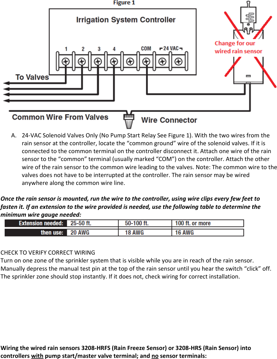 A. 24‐VACSolenoidValvesOnly(NoPumpStartRelaySeeFigure1).Withthetwowiresfromtherainsensoratthecontroller,locatethe“commonground”wireofthesolenoidvalves.Ifitisconnectedtothecommonterminalonthecontrollerdisconnectit.Attachonewireoftherainsensortothe“common”terminal(usuallymarked“COM”)onthecontroller.Attachtheotherwireoftherainsensortothecommonwireleadingtothevalves.Note:Thecommonwiretothevalvesdoesnothavetobeinterruptedatthecontroller.Therainsensormaybewiredanywherealongthecommonwireline.Oncetherainsensorismounted,runthewiretothecontroller,usingwireclipseveryfewfeettofastenit.Ifanextensiontothewireprovidedisneeded,usethefollowingtabletodeterminetheminimumwiregaugeneeded:CHECKTOVERIFYCORRECTWIRINGTurnononezoneofthesprinklersystemthatisvisiblewhileyouareinreachoftherainsensor.Manuallydepressthemanualtestpinatthetopoftherainsensoruntilyouheartheswitch“click”off.Thesprinklerzoneshouldstopinstantly.Ifitdoesnot,checkwiringforcorrectinstallation.Wiringthewiredrainsensors3208‐HRFS(RainFreezeSensor)or3208‐HRS(RainSensor)intocontrollerswithpumpstart/mastervalveterminal;andnosensorterminals: