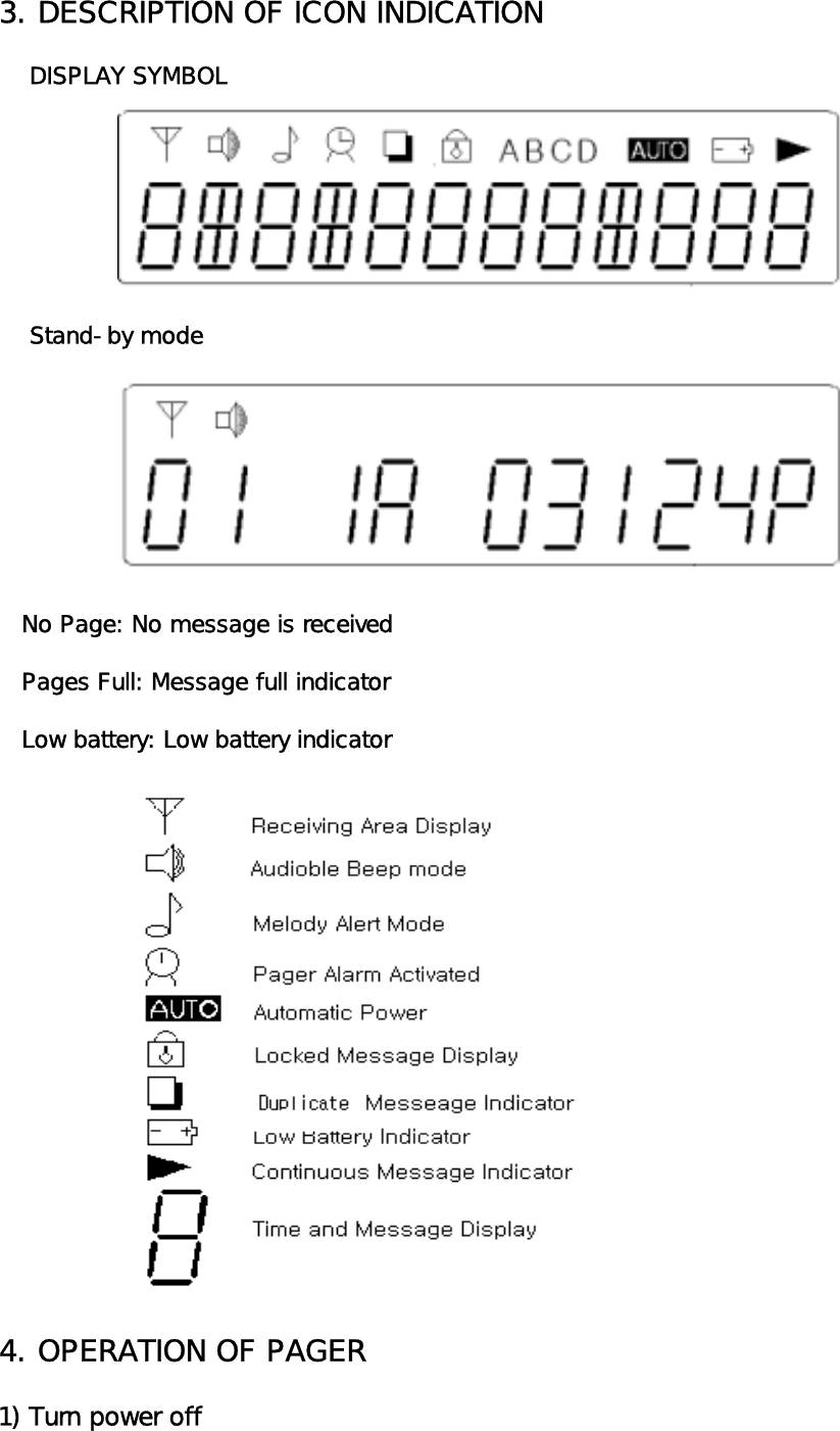 3. DESCRIPTION OF ICON INDICATION    DISPLAY SYMBOL    Stand-by mode   No Page: No message is received   Pages Full: Message full indicator   Low battery: Low battery indicator4. OPERATION OF PAGER1) Turn power off