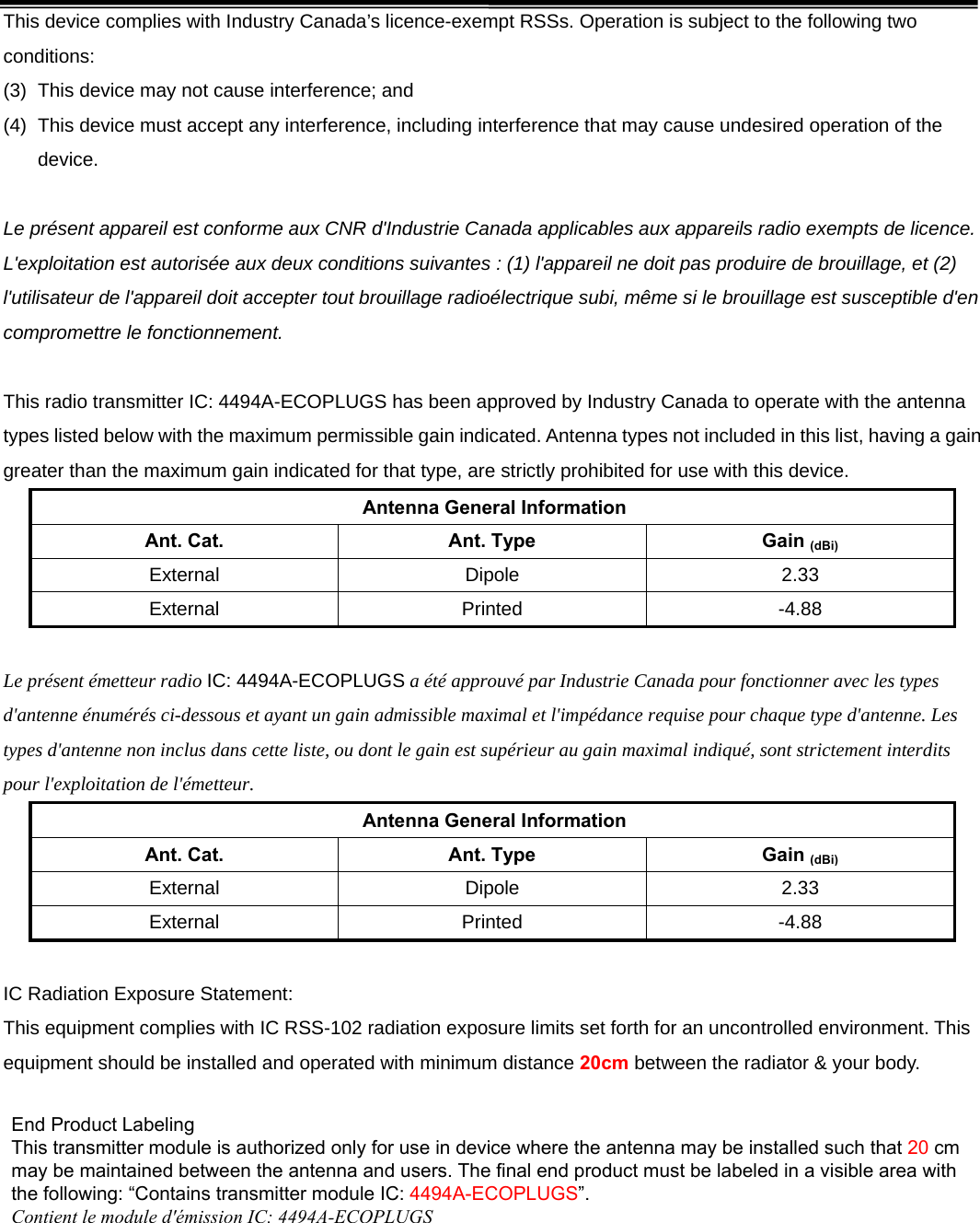 This device complies with Industry Canada’s licence-exempt RSSs. Operation is subject to the following two conditions: (3)  This device may not cause interference; and   (4)  This device must accept any interference, including interference that may cause undesired operation of the device.  Le présent appareil est conforme aux CNR d&apos;Industrie Canada applicables aux appareils radio exempts de licence. L&apos;exploitation est autorisée aux deux conditions suivantes : (1) l&apos;appareil ne doit pas produire de brouillage, et (2) l&apos;utilisateur de l&apos;appareil doit accepter tout brouillage radioélectrique subi, même si le brouillage est susceptible d&apos;en compromettre le fonctionnement.  This radio transmitter IC: 4494A-ECOPLUGS has been approved by Industry Canada to operate with the antenna types listed below with the maximum permissible gain indicated. Antenna types not included in this list, having a gain greater than the maximum gain indicated for that type, are strictly prohibited for use with this device. Antenna General Information Ant. Cat.  Ant. Type  Gain (dBi) External Dipole  2.33 External Printed  -4.88  Le présent émetteur radio IC: 4494A-ECOPLUGS a été approuvé par Industrie Canada pour fonctionner avec les types d&apos;antenne énumérés ci-dessous et ayant un gain admissible maximal et l&apos;impédance requise pour chaque type d&apos;antenne. Les types d&apos;antenne non inclus dans cette liste, ou dont le gain est supérieur au gain maximal indiqué, sont strictement interdits pour l&apos;exploitation de l&apos;émetteur. Antenna General Information Ant. Cat.  Ant. Type  Gain (dBi) External Dipole  2.33 External Printed  -4.88  IC Radiation Exposure Statement: This equipment complies with IC RSS-102 radiation exposure limits set forth for an uncontrolled environment. This equipment should be installed and operated with minimum distance 20cm between the radiator &amp; your body.  End Product Labeling This transmitter module is authorized only for use in device where the antenna may be installed such that 20 cm may be maintained between the antenna and users. The final end product must be labeled in a visible area with the following: “Contains transmitter module IC: 4494A-ECOPLUGS”. Contient le module d&apos;émission IC: 4494A-ECOPLUGS 