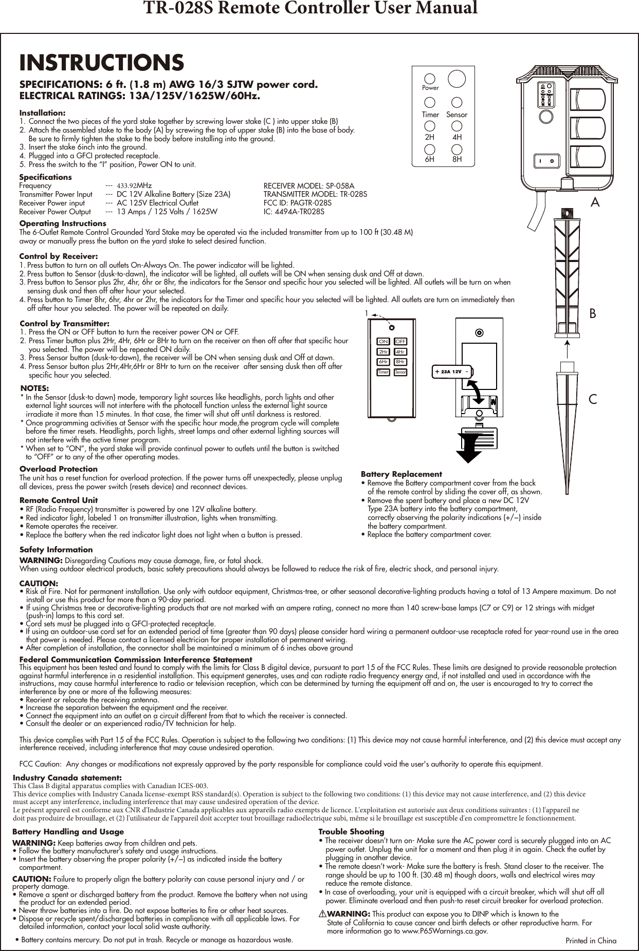 Page 1 of KAB Enterprise TR-028S Remote Controller User Manual 