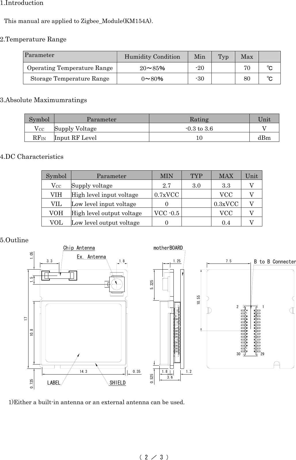 （ 2 ／ 3 ）  1.Introduction  This manual are applied to Zigbee_Module(KM154A).  2.Temperature Range  Parameter  Humidity Condition  Min  Typ  Max   Operating Temperature Range  20～85％ -20   70 ℃ Storage Temperature Range  0～80％ -30   80 ℃  3.Absolute Maximumratings  Symbol  Parameter  Rating  Unit VCC  Supply Voltage  -0.3 to 3.6  V RFIN  Input RF Level  10  dBm  4.DC Characteristics  Symbol  Parameter  MIN  TYP  MAX  Unit VCC Supply voltage  2.7 3.0 3.3 V VIH  High level input voltage  0.7xVCC   VCC  V VIL  Low level input voltage  0    0.3xVCC  V VOH  High level output voltage  VCC -0.5   VCC  V VOL  Low level output voltage  0    0.4  V  5.Outline                  1)Either a built-in antenna or an external antenna can be used.    Chip AntennaB to B Connecter10.557.5122930Ex. Antenna1.053.3 1.81.50.725 10.80.3514.3171.251.83.60.525 5.3251.2SHIELDmotherBOARDLABEL