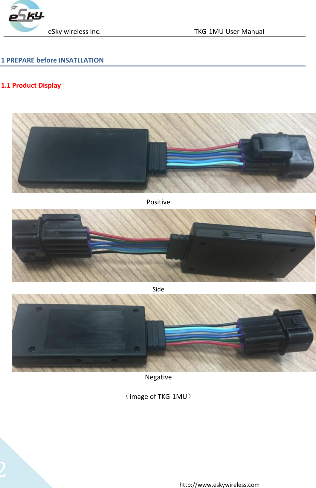 eSky wireless Inc.                                                  TKG-1MU User Manual  http://www.eskywireless.com 2 1 PREPARE before INSATLLATION    1.1 Product Display      Positive  Side  Negative  （image of TKG-1MU）       