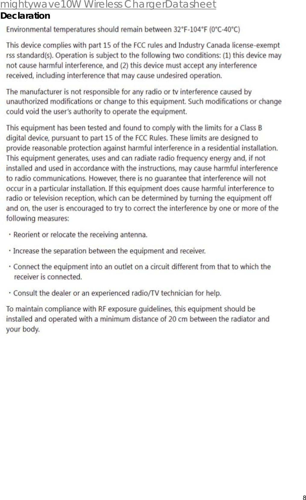 mightywave10W Wireless ChargerDatasheet 8  Declaration    