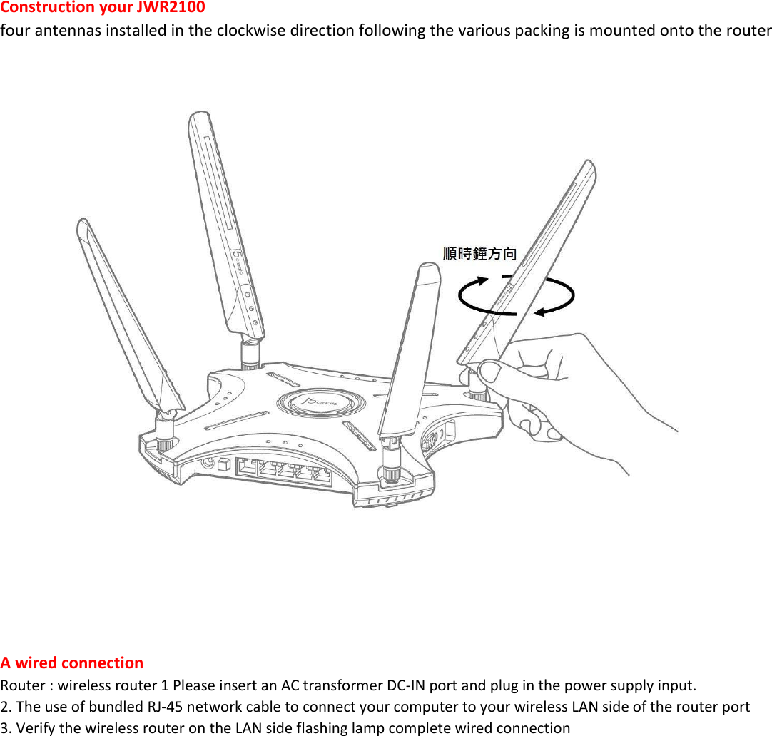 Construction your JWR2100 four antennas installed in the clockwise direction following the various packing is mounted onto the router     A wired connection Router : wireless router 1 Please insert an AC transformer DC-IN port and plug in the power supply input. 2. The use of bundled RJ-45 network cable to connect your computer to your wireless LAN side of the router port 3. Verify the wireless router on the LAN side flashing lamp complete wired connection  
