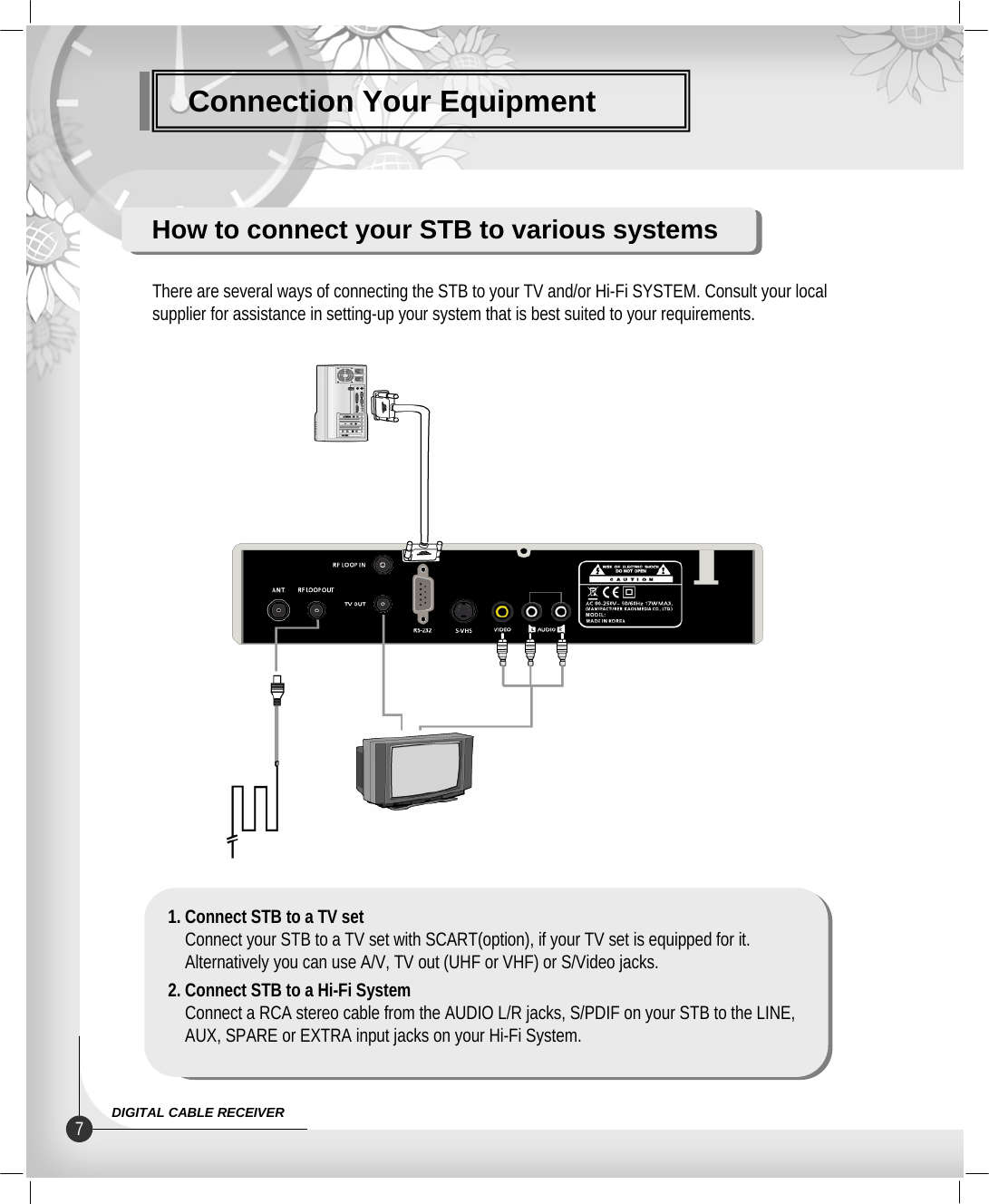 Connection Your Equipment7DIGITAL CABLE RECEIVERHow to connect your STB to various systemsThere are several ways of connecting the STB to your TV and/or Hi-Fi SYSTEM. Consult your localsupplier for assistance in setting-up your system that is best suited to your requirements. 1. Connect STB to a TV setConnect your STB to a TV set with SCART(option), if your TV set is equipped for it.Alternatively you can use A/V, TV out (UHF or VHF) or S/Video jacks.2. Connect STB to a Hi-Fi SystemConnect a RCA stereo cable from the AUDIO L/R jacks, S/PDIF on your STB to the LINE,AUX, SPARE or EXTRA input jacks on your Hi-Fi System.