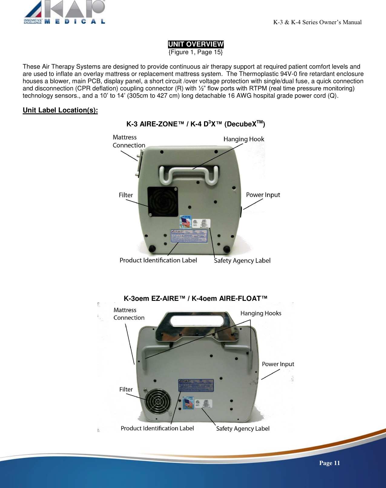                                                                                                           K-3 &amp; K-4 Series Owner’s Manual    Page 11  UNIT OVERVIEW {Figure 1, Page 15}  These Air Therapy Systems are designed to provide continuous air therapy support at required patient comfort levels and are used to inflate an overlay mattress or replacement mattress system.  The Thermoplastic 94V-0 fire retardant enclosure houses a blower, main PCB, display panel, a short circuit /over voltage protection with single/dual fuse, a quick connection and disconnection (CPR deflation) coupling connector (R) with ½” flow ports with RTPM (real time pressure monitoring) technology sensors., and a 10’ to 14’ (305cm to 427 cm) long detachable 16 AWG hospital grade power cord (Q).  Unit Label Location(s):  K-3 AIRE-ZONE™ / K-4 D3X™ (DecubeXTM)       K-3oem EZ-AIRE™ / K-4oem AIRE-FLOAT™      