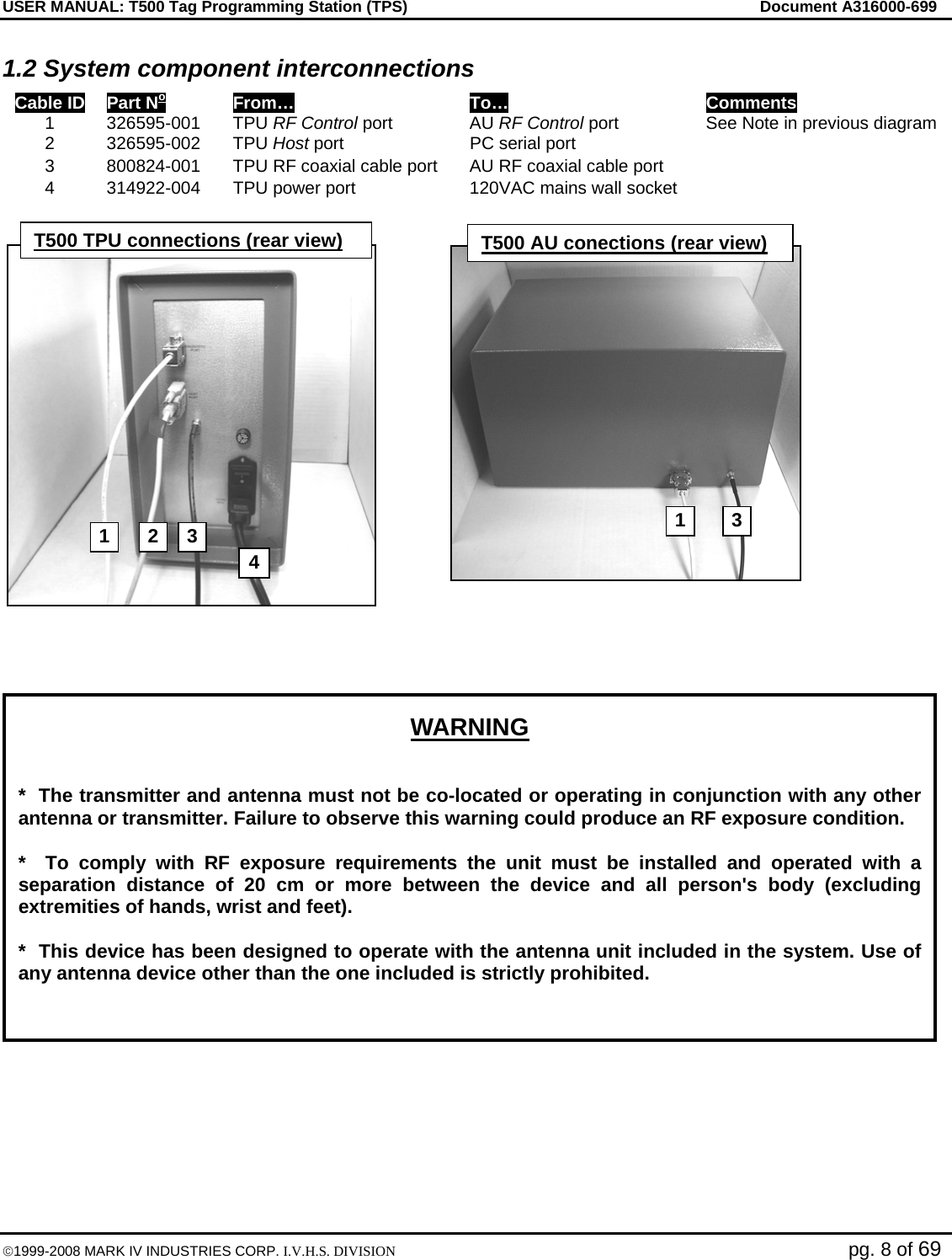 USER MANUAL: T500 Tag Programming Station (TPS)     Document A316000-699  ©1999-2008 MARK IV INDUSTRIES CORP. I.V.H.S. DIVISION   pg. 8 of 69 1.2 System component interconnections Cable ID Part No From… To… Comments 1 326595-001 TPU RF Control port  AU RF Control port  See Note in previous diagram 2 326595-002 TPU Host port  PC serial port   3  800824-001  TPU RF coaxial cable port  AU RF coaxial cable port   4  314922-004  TPU power port  120VAC mains wall socket           WARNING  *  The transmitter and antenna must not be co-located or operating in conjunction with any other antenna or transmitter. Failure to observe this warning could produce an RF exposure condition.  *  To comply with RF exposure requirements the unit must be installed and operated with a separation distance of 20 cm or more between the device and all person&apos;s body (excluding extremities of hands, wrist and feet).  *  This device has been designed to operate with the antenna unit included in the system. Use of any antenna device other than the one included is strictly prohibited.  1  2  3 4 13 1  2  3 4 13 T500 TPU connections (rear view) T500 AU conections (rear view) 