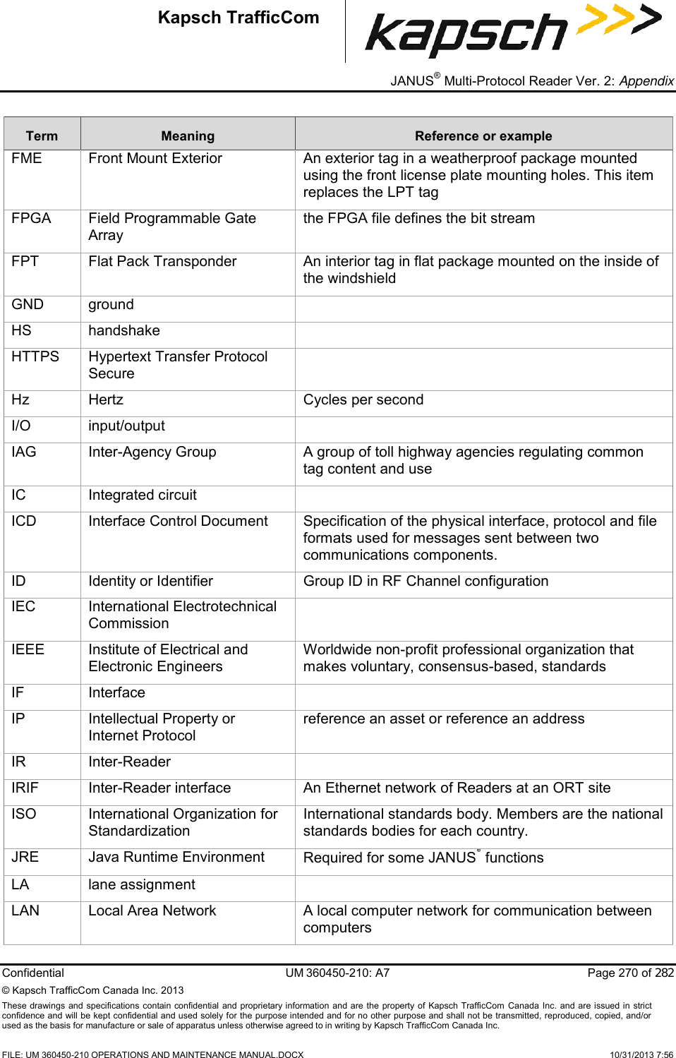 _ JANUS® Multi-Protocol Reader Ver. 2: Appendix  Confidential  UM 360450-210: A7  Page 270 of 282 © Kapsch TrafficCom Canada Inc. 2013 These  drawings and specifications contain confidential  and  proprietary information and are  the  property of Kapsch TrafficCom  Canada Inc.  and are issued in strict confidence and will be kept confidential and used solely for the purpose intended and for no other purpose and shall not be transmitted, reproduced, copied, and/or used as the basis for manufacture or sale of apparatus unless otherwise agreed to in writing by Kapsch TrafficCom Canada Inc.    FILE: UM 360450-210 OPERATIONS AND MAINTENANCE MANUAL.DOCX    10/31/2013 7:56 Kapsch TrafficCom Term Meaning Reference or example FME Front Mount Exterior An exterior tag in a weatherproof package mounted using the front license plate mounting holes. This item replaces the LPT tag FPGA Field Programmable Gate Array  the FPGA file defines the bit stream FPT Flat Pack Transponder An interior tag in flat package mounted on the inside of the windshield GND ground  HS handshake  HTTPS Hypertext Transfer Protocol Secure  Hz Hertz Cycles per second I/O input/output  IAG Inter-Agency Group A group of toll highway agencies regulating common tag content and use  IC Integrated circuit  ICD Interface Control Document Specification of the physical interface, protocol and file formats used for messages sent between two communications components. ID Identity or Identifier Group ID in RF Channel configuration IEC International Electrotechnical Commission  IEEE Institute of Electrical and Electronic Engineers Worldwide non-profit professional organization that makes voluntary, consensus-based, standards IF Interface  IP Intellectual Property or Internet Protocol  reference an asset or reference an address IR Inter-Reader   IRIF Inter-Reader interface An Ethernet network of Readers at an ORT site ISO International Organization for Standardization International standards body. Members are the national standards bodies for each country. JRE Java Runtime Environment Required for some JANUS® functions  LA lane assignment  LAN Local Area Network A local computer network for communication between computers 
