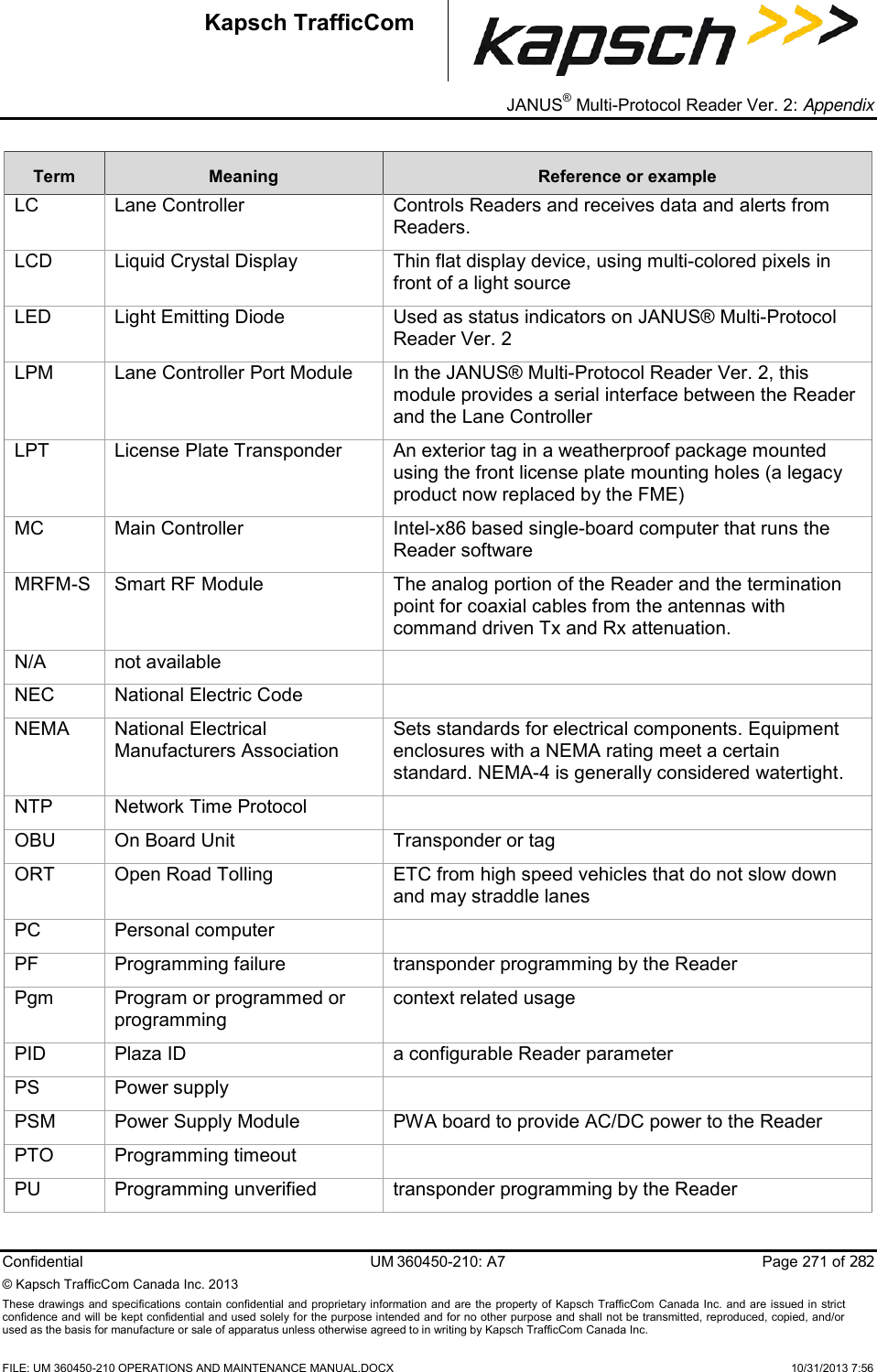 _ JANUS® Multi-Protocol Reader Ver. 2: Appendix  Confidential  UM 360450-210: A7  Page 271 of 282 © Kapsch TrafficCom Canada Inc. 2013 These  drawings and specifications contain confidential  and  proprietary information and are  the  property of Kapsch TrafficCom  Canada Inc.  and are issued in strict confidence and will be kept confidential and used solely for the purpose intended and for no other purpose and shall not be transmitted, reproduced, copied, and/or used as the basis for manufacture or sale of apparatus unless otherwise agreed to in writing by Kapsch TrafficCom Canada Inc.    FILE: UM 360450-210 OPERATIONS AND MAINTENANCE MANUAL.DOCX    10/31/2013 7:56 Kapsch TrafficCom Term Meaning Reference or example LC Lane Controller Controls Readers and receives data and alerts from Readers. LCD Liquid Crystal Display Thin flat display device, using multi-colored pixels in front of a light source LED Light Emitting Diode Used as status indicators on JANUS® Multi-Protocol Reader Ver. 2 LPM Lane Controller Port Module In the JANUS® Multi-Protocol Reader Ver. 2, this module provides a serial interface between the Reader and the Lane Controller LPT License Plate Transponder An exterior tag in a weatherproof package mounted using the front license plate mounting holes (a legacy product now replaced by the FME) MC Main Controller  Intel-x86 based single-board computer that runs the Reader software MRFM-S Smart RF Module The analog portion of the Reader and the termination point for coaxial cables from the antennas with command driven Tx and Rx attenuation.  N/A not available  NEC National Electric Code  NEMA National Electrical Manufacturers Association Sets standards for electrical components. Equipment enclosures with a NEMA rating meet a certain standard. NEMA-4 is generally considered watertight. NTP Network Time Protocol  OBU On Board Unit Transponder or tag ORT Open Road Tolling ETC from high speed vehicles that do not slow down and may straddle lanes PC Personal computer  PF Programming failure  transponder programming by the Reader Pgm Program or programmed or programming context related usage PID Plaza ID  a configurable Reader parameter PS Power supply  PSM Power Supply Module PWA board to provide AC/DC power to the Reader PTO Programming timeout  PU Programming unverified  transponder programming by the Reader 