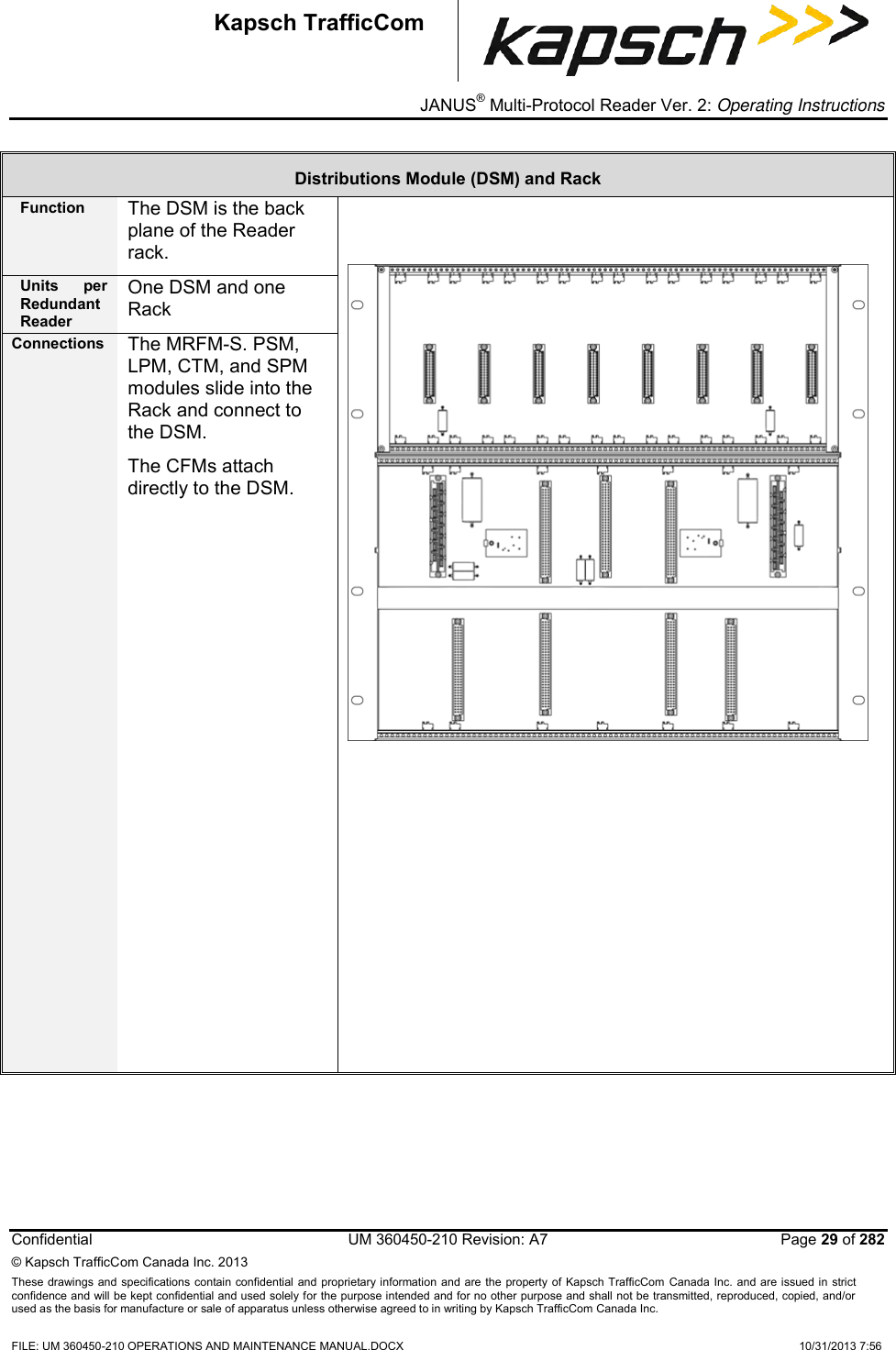 _ JANUS® Multi-Protocol Reader Ver. 2: Operating Instructions  Confidential  UM 360450-210 Revision: A7   Page 29 of 282 © Kapsch TrafficCom Canada Inc. 2013 These  drawings and specifications contain confidential  and  proprietary information and are  the  property of Kapsch TrafficCom  Canada Inc.  and are issued in strict confidence and will be kept confidential and used solely for the purpose intended and for no other purpose and shall not be transmitted, reproduced, copied, and/or used as the basis for manufacture or sale of apparatus unless otherwise agreed to in writing by Kapsch TrafficCom Canada Inc.  FILE: UM 360450-210 OPERATIONS AND MAINTENANCE MANUAL.DOCX    10/31/2013 7:56  Kapsch TrafficCom Distributions Module (DSM) and Rack Function The DSM is the back plane of the Reader rack.     Units  per Redundant Reader One DSM and one Rack Connections The MRFM-S. PSM, LPM, CTM, and SPM modules slide into the Rack and connect to the DSM. The CFMs attach directly to the DSM.   