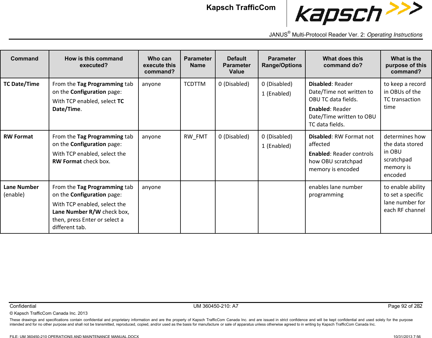 _  JANUS® Multi-Protocol Reader Ver. 2: Operating Instructions  Confidential  UM 360450-210: A7  Page 92 of 282 © Kapsch TrafficCom Canada Inc. 2013 These  drawings and specifications contain  confidential  and proprietary information  and are the property of  Kapsch TrafficCom  Canada Inc. and are issued in strict confidence and  will  be kept confidential and  used solely for  the  purpose intended and for no other purpose and shall not be transmitted, reproduced, copied, and/or used as the basis for manufacture or sale of apparatus unless otherwise agreed to in writing by Kapsch TrafficCom Canada Inc.    FILE: UM 360450-210 OPERATIONS AND MAINTENANCE MANUAL.DOCX    10/31/2013 7:56 Kapsch TrafficCom Command How is this command executed? Who can execute this command? Parameter Name Default Parameter Value Parameter Range/Options What does this command do? What is the purpose of this command? TC Date/Time From the Tag Programming tab on the Configuration page: With TCP enabled, select TC Date/Time.  anyone TCDTTM 0 (Disabled) 0 (Disabled) 1 (Enabled) Disabled: Reader Date/Time not written to OBU TC data fields. Enabled: Reader Date/Time written to OBU TC data fields. to keep a record in OBUs of the TC transaction time RW Format From the Tag Programming tab on the Configuration page: With TCP enabled, select the RW Format check box.  anyone RW_FMT 0 (Disabled) 0 (Disabled) 1 (Enabled) Disabled: RW Format not affected Enabled: Reader controls how OBU scratchpad memory is encoded determines how the data stored in OBU scratchpad memory is encoded Lane Number (enable) From the Tag Programming tab on the Configuration page: With TCP enabled, select the Lane Number R/W check box, then, press Enter or select a different tab. anyone    enables lane number programming to enable ability to set a specific lane number for each RF channel 