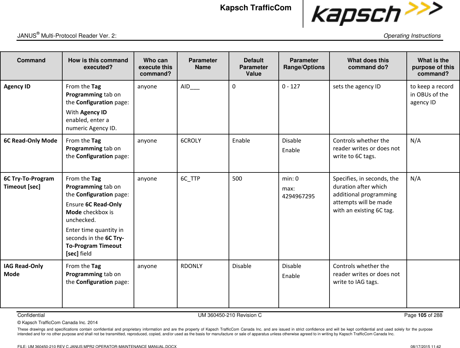 _  JANUS® Multi-Protocol Reader Ver. 2:    Operating Instructions  Confidential  UM 360450-210 Revision C  Page 105 of 288 © Kapsch TrafficCom Canada Inc. 2014 These drawings and specifications contain confidential and proprietary information and are the property of Kapsch TrafficCom Canada Inc. and are issued in strict confidence and will be kept confidential and used solely for the purpose intended and for no other purpose and shall not be transmitted, reproduced, copied, and/or used as the basis for manufacture or sale of apparatus unless otherwise agreed to in writing by Kapsch TrafficCom Canada Inc.    FILE: UM 360450-210 REV C JANUS MPR2 OPERATOR-MAINTENANCE MANUAL.DOCX   08/17/2015 11:42 Kapsch TrafficCom Command How is this command executed? Who can execute this command? Parameter Name Default Parameter Value Parameter Range/Options What does this command do? What is the purpose of this command? Agency ID From the Tag Programming tab on the Configuration page: With Agency ID enabled, enter a numeric Agency ID. anyone AID___ 0 0 - 127 sets the agency ID to keep a record in OBUs of the agency ID 6C Read-Only Mode From the Tag Programming tab on the Configuration page:  anyone 6CROLY Enable Disable Enable Controls whether the reader writes or does not write to 6C tags. N/A 6C Try-To-Program Timeout [sec] From the Tag Programming tab on the Configuration page: Ensure 6C Read-Only Mode checkbox is unchecked. Enter time quantity in seconds in the 6C Try-To-Program Timeout [sec] field anyone 6C_TTP 500 min: 0 max: 4294967295 Specifies, in seconds, the duration after which additional programming attempts will be made with an existing 6C tag. N/A IAG Read-Only Mode From the Tag Programming tab on the Configuration page:  anyone RDONLY Disable  Disable Enable Controls whether the reader writes or does not write to IAG tags.    