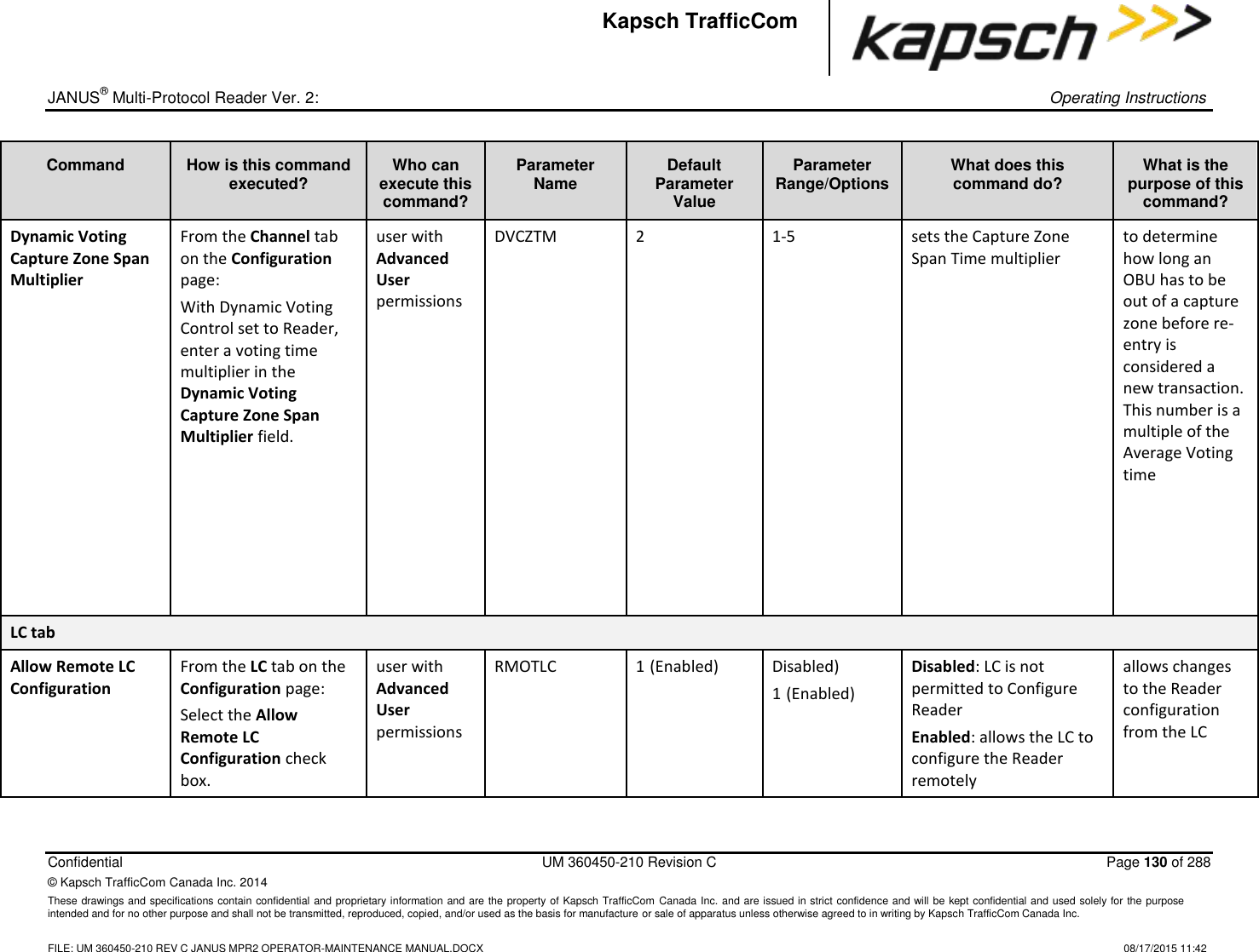 _  JANUS® Multi-Protocol Reader Ver. 2:    Operating Instructions  Confidential  UM 360450-210 Revision C  Page 130 of 288 © Kapsch TrafficCom Canada Inc. 2014 These drawings and specifications contain confidential and proprietary information and are the property of Kapsch TrafficCom Canada Inc. and are issued in strict confidence and will be kept confidential and used solely for the purpose intended and for no other purpose and shall not be transmitted, reproduced, copied, and/or used as the basis for manufacture or sale of apparatus unless otherwise agreed to in writing by Kapsch TrafficCom Canada Inc.    FILE: UM 360450-210 REV C JANUS MPR2 OPERATOR-MAINTENANCE MANUAL.DOCX   08/17/2015 11:42 Kapsch TrafficCom Command How is this command executed? Who can execute this command? Parameter Name Default Parameter Value Parameter Range/Options What does this command do? What is the purpose of this command? Dynamic Voting Capture Zone Span Multiplier From the Channel tab on the Configuration page: With Dynamic Voting Control set to Reader, enter a voting time multiplier in the Dynamic Voting Capture Zone Span Multiplier field.       user with Advanced User permissions DVCZTM 2 1-5 sets the Capture Zone Span Time multiplier to determine how long an OBU has to be out of a capture zone before re-entry is considered a new transaction. This number is a multiple of the Average Voting time LC tab Allow Remote LC Configuration From the LC tab on the Configuration page: Select the Allow Remote LC Configuration check box. user with Advanced User permissions RMOTLC 1 (Enabled) Disabled) 1 (Enabled) Disabled: LC is not permitted to Configure Reader Enabled: allows the LC to configure the Reader remotely allows changes to the Reader configuration from the LC 