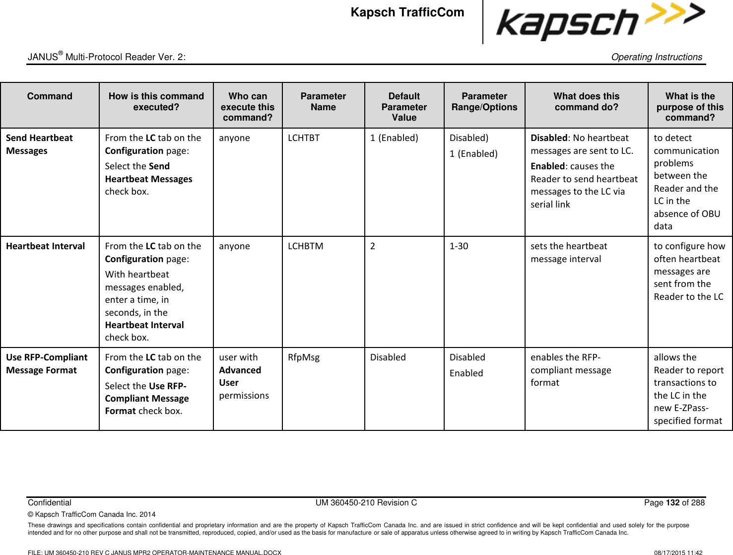 _  JANUS® Multi-Protocol Reader Ver. 2:    Operating Instructions  Confidential  UM 360450-210 Revision C  Page 132 of 288 © Kapsch TrafficCom Canada Inc. 2014 These drawings and specifications contain confidential and proprietary information and are the property of Kapsch TrafficCom Canada Inc. and are issued in strict confidence and will be kept confidential and used solely for the purpose intended and for no other purpose and shall not be transmitted, reproduced, copied, and/or used as the basis for manufacture or sale of apparatus unless otherwise agreed to in writing by Kapsch TrafficCom Canada Inc.    FILE: UM 360450-210 REV C JANUS MPR2 OPERATOR-MAINTENANCE MANUAL.DOCX   08/17/2015 11:42 Kapsch TrafficCom Command How is this command executed? Who can execute this command? Parameter Name Default Parameter Value Parameter Range/Options What does this command do? What is the purpose of this command? Send Heartbeat Messages From the LC tab on the Configuration page: Select the Send Heartbeat Messages check box. anyone LCHTBT 1 (Enabled) Disabled) 1 (Enabled) Disabled: No heartbeat messages are sent to LC. Enabled: causes the Reader to send heartbeat messages to the LC via serial link to detect communication problems between the Reader and the LC in the absence of OBU data  Heartbeat Interval From the LC tab on the Configuration page: With heartbeat messages enabled, enter a time, in seconds, in the Heartbeat Interval check box. anyone LCHBTM 2 1-30 sets the heartbeat message interval to configure how often heartbeat messages are sent from the Reader to the LC  Use RFP-Compliant Message Format From the LC tab on the Configuration page: Select the Use RFP-Compliant Message Format check box. user with Advanced User permissions RfpMsg Disabled Disabled Enabled enables the RFP-compliant message format allows the Reader to report transactions to the LC in the new E-ZPass-specified format 