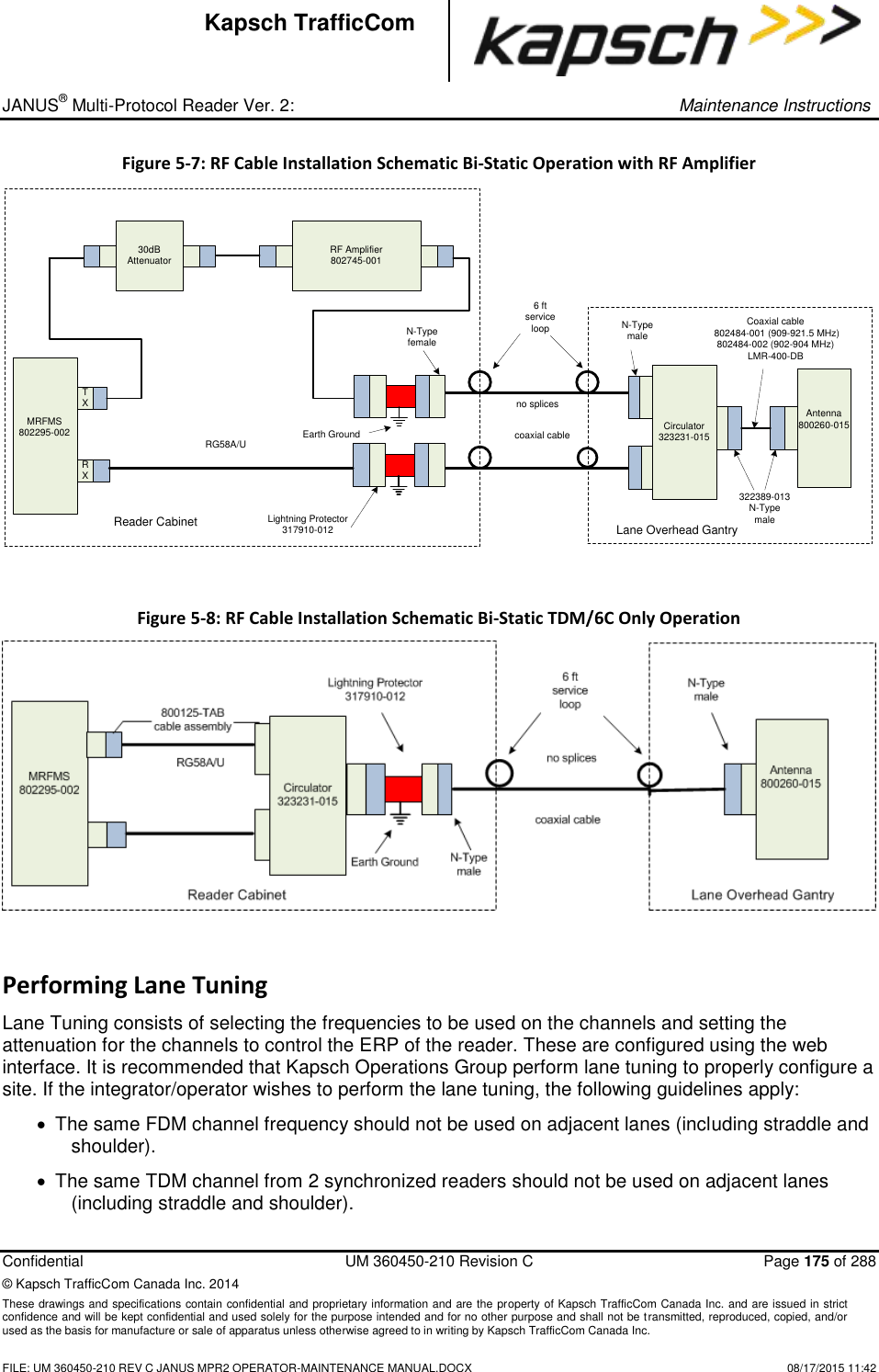 _ JANUS® Multi-Protocol Reader Ver. 2:     Maintenance Instructions  Confidential  UM 360450-210 Revision C  Page 175 of 288 © Kapsch TrafficCom Canada Inc. 2014 These drawings and specifications contain confidential and proprietary information and are the property of Kapsch TrafficCom Canada Inc. and are issued in strict confidence and will be kept confidential and used solely for the purpose intended and for no other purpose and shall not be transmitted, reproduced, copied, and/or used as the basis for manufacture or sale of apparatus unless otherwise agreed to in writing by Kapsch TrafficCom Canada Inc.    FILE: UM 360450-210 REV C JANUS MPR2 OPERATOR-MAINTENANCE MANUAL.DOCX   08/17/2015 11:42 Kapsch TrafficCom Figure 5-7: RF Cable Installation Schematic Bi-Static Operation with RF Amplifier RG58A/UMRFMS802295-002N-TypemaleAntenna800260-015TXReader Cabinet Lane Overhead GantryEarth GroundRX6 ft service loopcoaxial cableno splicesN-TypefemaleCirculator323231-015Coaxial cable 802484-001 (909-921.5 MHz)802484-002 (902-904 MHz)LMR-400-DB322389-013N-TypemaleLightning Protector317910-01230dBAttenuator RF Amplifier802745-001  Figure 5-8: RF Cable Installation Schematic Bi-Static TDM/6C Only Operation Performing Lane Tuning Lane Tuning consists of selecting the frequencies to be used on the channels and setting the attenuation for the channels to control the ERP of the reader. These are configured using the web interface. It is recommended that Kapsch Operations Group perform lane tuning to properly configure a site. If the integrator/operator wishes to perform the lane tuning, the following guidelines apply:   The same FDM channel frequency should not be used on adjacent lanes (including straddle and shoulder).   The same TDM channel from 2 synchronized readers should not be used on adjacent lanes (including straddle and shoulder).  