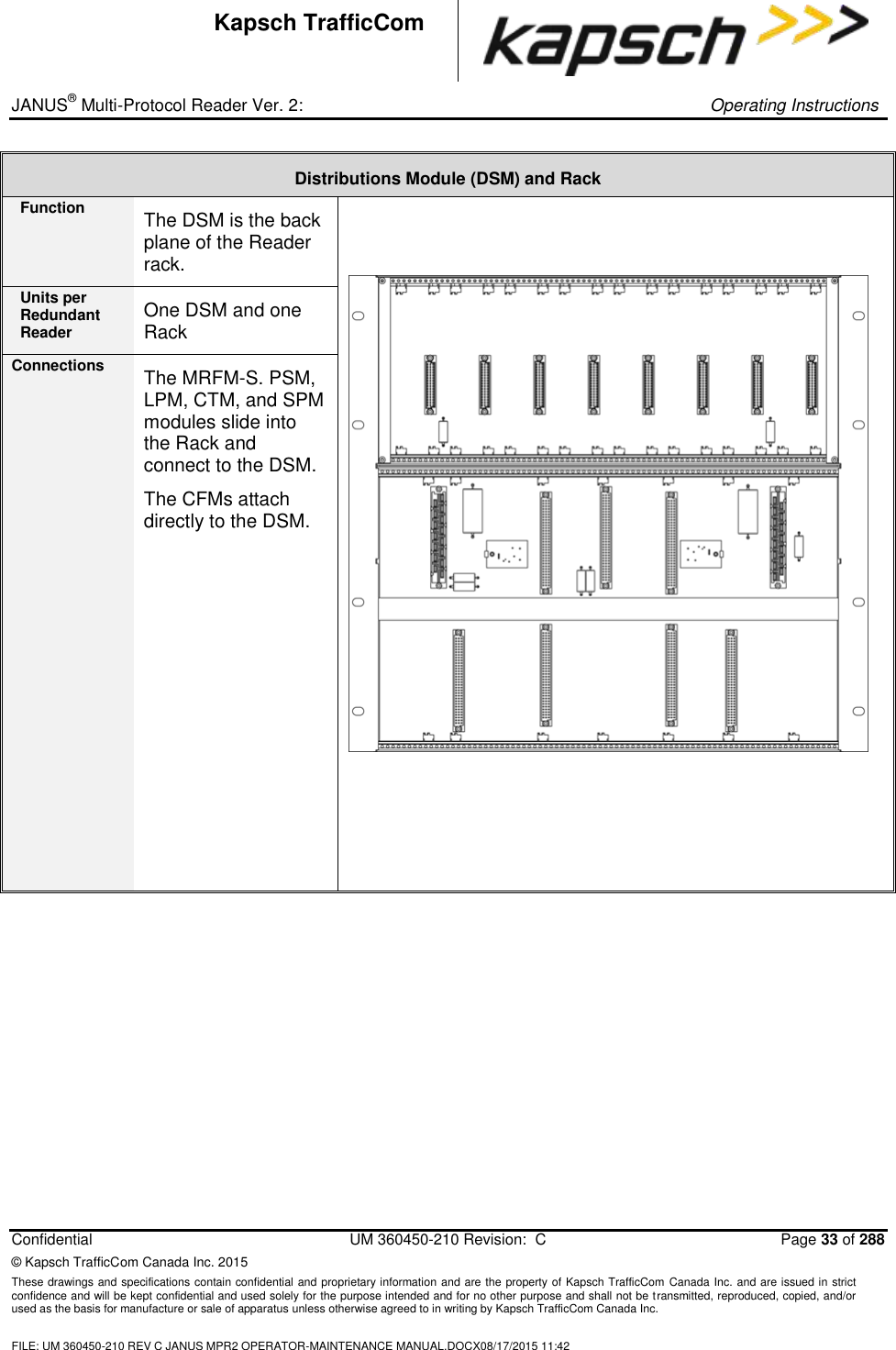 _ JANUS® Multi-Protocol Reader Ver. 2:     Operating Instructions  Confidential  UM 360450-210 Revision:  C  Page 33 of 288 © Kapsch TrafficCom Canada Inc. 2015 These drawings and specifications contain confidential and proprietary information and are the property of Kapsch TrafficCom Canada Inc. and are issued in strict confidence and will be kept confidential and used solely for the purpose intended and for no other purpose and shall not be transmitted, reproduced, copied, and/or used as the basis for manufacture or sale of apparatus unless otherwise agreed to in writing by Kapsch TrafficCom Canada Inc.  FILE: UM 360450-210 REV C JANUS MPR2 OPERATOR-MAINTENANCE MANUAL.DOCX08/17/2015 11:42  Kapsch TrafficCom Distributions Module (DSM) and Rack Function The DSM is the back plane of the Reader rack.     Units per Redundant Reader One DSM and one Rack Connections The MRFM-S. PSM, LPM, CTM, and SPM modules slide into the Rack and connect to the DSM. The CFMs attach directly to the DSM.   