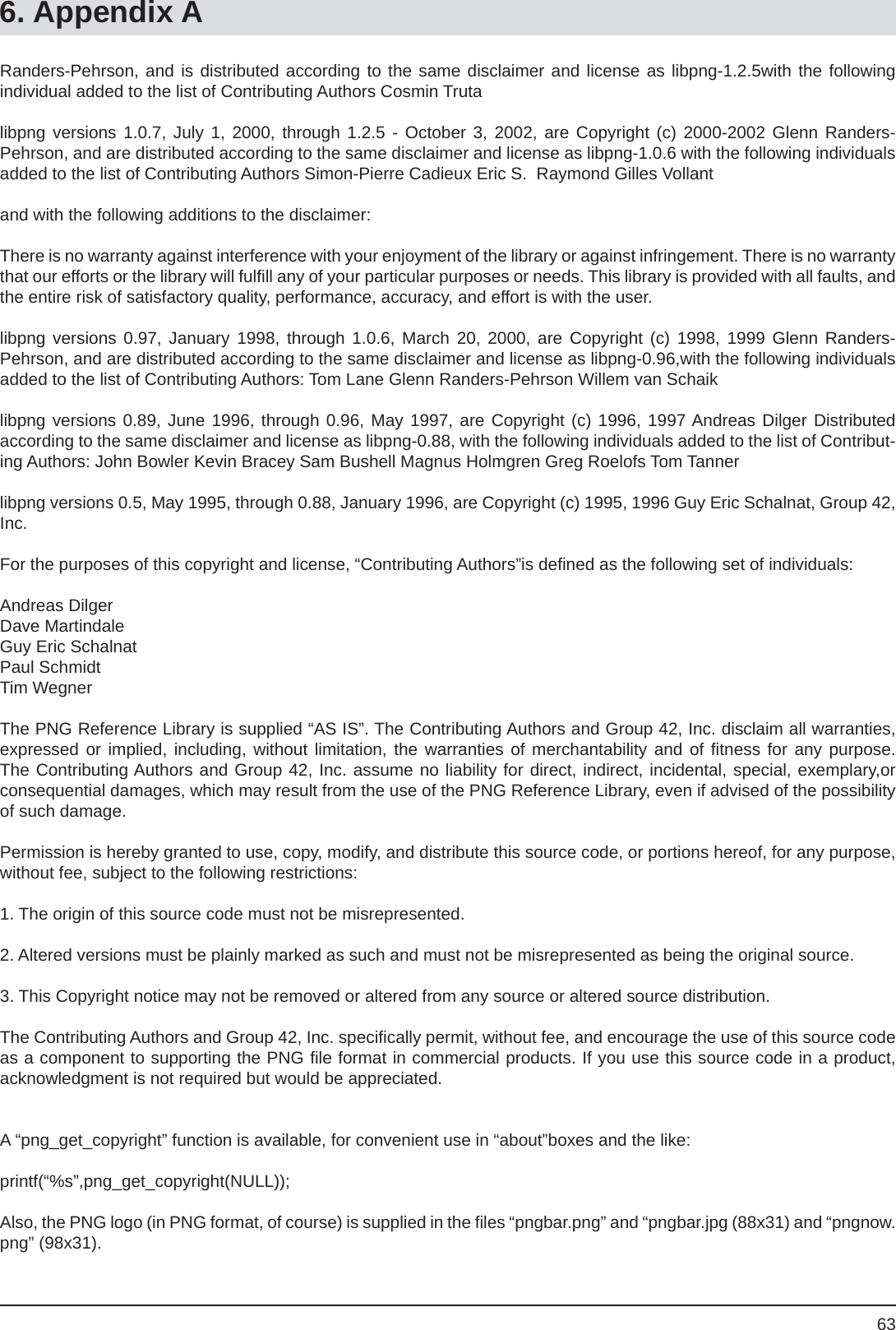 636. Appendix ARanders-Pehrson, and is distributed according to the same disclaimer and license as libpng-1.2.5with the following individual added to the list of Contributing Authors Cosmin Trutalibpng versions 1.0.7, July 1, 2000, through 1.2.5 - October 3, 2002, are Copyright (c) 2000-2002 Glenn Randers-Pehrson, and are distributed according to the same disclaimer and license as libpng-1.0.6 with the following individuals added to the list of Contributing Authors Simon-Pierre Cadieux Eric S.  Raymond Gilles Vollantand with the following additions to the disclaimer:There is no warranty against interference with your enjoyment of the library or against infringement. There is no warranty that our efforts or the library will fulﬁ ll any of your particular purposes or needs. This library is provided with all faults, and the entire risk of satisfactory quality, performance, accuracy, and effort is with the user.libpng versions 0.97, January 1998, through 1.0.6, March 20, 2000, are Copyright (c) 1998, 1999 Glenn Randers-Pehrson, and are distributed according to the same disclaimer and license as libpng-0.96,with the following individuals    added to the list of Contributing Authors: Tom Lane Glenn Randers-Pehrson Willem van Schaiklibpng versions 0.89, June 1996, through 0.96, May 1997, are Copyright (c) 1996, 1997 Andreas Dilger Distributedaccording to the same disclaimer and license as libpng-0.88, with the following individuals added to the list of Contribut-ing Authors: John Bowler Kevin Bracey Sam Bushell Magnus Holmgren Greg Roelofs Tom Tannerlibpng versions 0.5, May 1995, through 0.88, January 1996, are Copyright (c) 1995, 1996 Guy Eric Schalnat, Group 42, Inc.For the purposes of this copyright and license, “Contributing Authors”is deﬁ ned as the following set of individuals:Andreas DilgerDave MartindaleGuy Eric SchalnatPaul SchmidtTim WegnerThe PNG Reference Library is supplied “AS IS”. The Contributing Authors and Group 42, Inc. disclaim all warranties, expressed or implied, including, without limitation, the warranties of merchantability and of ﬁ tness for any purpose. The Contributing Authors and Group 42, Inc. assume no liability for direct, indirect, incidental, special, exemplary,orconsequential damages, which may result from the use of the PNG Reference Library, even if advised of the possibility of such damage.Permission is hereby granted to use, copy, modify, and distribute this source code, or portions hereof, for any purpose, without fee, subject to the following restrictions:1. The origin of this source code must not be misrepresented.2. Altered versions must be plainly marked as such and must not be misrepresented as being the original source.3. This Copyright notice may not be removed or altered from any source or altered source distribution.The Contributing Authors and Group 42, Inc. speciﬁ cally permit, without fee, and encourage the use of this source code as a component to supporting the PNG ﬁ le format in commercial products. If you use this source code in a product, acknowledgment is not required but would be appreciated.A “png_get_copyright” function is available, for convenient use in “about”boxes and the like:printf(“%s”,png_get_copyright(NULL));Also, the PNG logo (in PNG format, of course) is supplied in the ﬁ les “pngbar.png” and “pngbar.jpg (88x31) and “pngnow.png” (98x31).