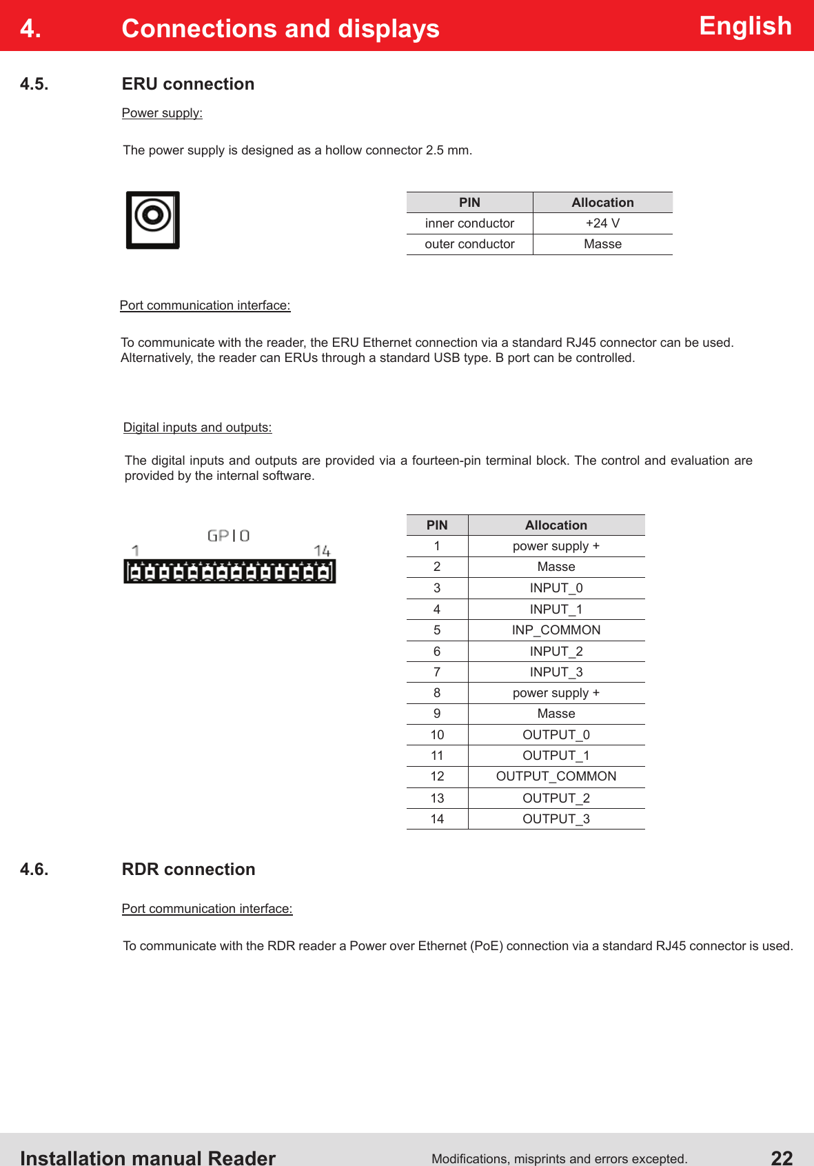 Installation manual Reader  22Modications, misprints and errors excepted.English4.  Connections and displays4.5.  ERU connectionPIN Allocation1 power supply +2 Masse3 INPUT_04 INPUT_15 INP_COMMON6 INPUT_27 INPUT_38 power supply +9 Masse10 OUTPUT_011 OUTPUT_112 OUTPUT_COMMON13 OUTPUT_214 OUTPUT_3Power supply:The power supply is designed as a hollow connector 2.5 mm.Digital inputs and outputs:The digital inputs and outputs are provided via a fourteen-pin terminal block. The control and evaluation are provided by the internal software.Port communication interface:To communicate with the reader, the ERU Ethernet connection via a standard RJ45 connector can be used.Alternatively, the reader can ERUs through a standard USB type. B port can be controlled.4.6.  RDR connectionPort communication interface:To communicate with the RDR reader a Power over Ethernet (PoE) connection via a standard RJ45 connector is used.PIN Allocationinner conductor +24 Vouter conductor Masse