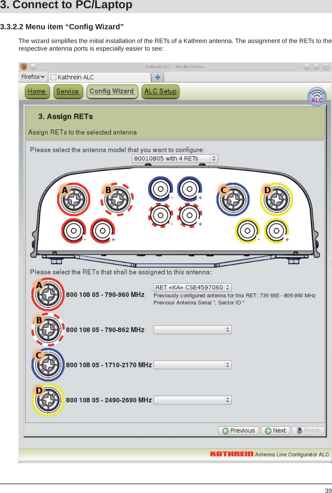 393.3.2.2 Menu item “Conﬁ g Wizard”The wizard simpliﬁ es the initial installation of the RETs of a Kathrein antenna. The assignment of the RETs to the respective antenna ports is especially easier to see:3. Connect to PC/Laptop