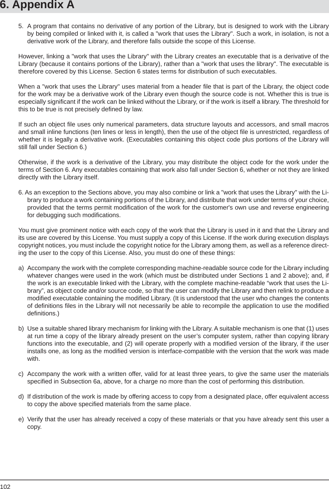 1026. Appendix A5.  A program that contains no derivative of any portion of the Library, but is designed to work with the Library by being compiled or linked with it, is called a &quot;work that uses the Library&quot;. Such a work, in isolation, is not a derivative work of the Library, and therefore falls outside the scope of this License.However, linking a &quot;work that uses the Library&quot; with the Library creates an executable that is a derivative of the Library (because it contains portions of the Library), rather than a &quot;work that uses the library&quot;. The executable is therefore covered by this License. Section 6 states terms for distribution of such executables.When a &quot;work that uses the Library&quot; uses material from a header ﬁ le that is part of the Library, the object code for the work may be a derivative work of the Library even though the source code is not. Whether this is true is especially signiﬁ cant if the work can be linked without the Library, or if the work is itself a library. The threshold for this to be true is not precisely deﬁ ned by law.If such an object ﬁ le uses only numerical parameters, data structure layouts and accessors, and small macros and small inline functions (ten lines or less in length), then the use of the object ﬁ le is unrestricted, regardless of whether it is legally a derivative work. (Executables containing this object code plus portions of the Library will still fall under Section 6.)Otherwise, if the work is a derivative of the Library, you may distribute the object code for the work under the terms of Section 6. Any executables containing that work also fall under Section 6, whether or not they are linked directly with the Library itself.6. As an exception to the Sections above, you may also combine or link a &quot;work that uses the Library&quot; with the Li-brary to produce a work containing portions of the Library, and distribute that work under terms of your choice, provided that the terms permit modiﬁ cation of the work for the customer&apos;s own use and reverse engineering for debugging such modiﬁ cations.You must give prominent notice with each copy of the work that the Library is used in it and that the Library and its use are covered by this License. You must supply a copy of this License. If the work during execution displays copyright notices, you must include the copyright notice for the Library among them, as well as a reference direct-ing the user to the copy of this License. Also, you must do one of these things:a)  Accompany the work with the complete corresponding machine-readable source code for the Library including whatever changes were used in the work (which must be distributed under Sections 1 and 2 above); and, if the work is an executable linked with the Library, with the complete machine-readable “work that uses the Li-brary”, as object code and/or source code, so that the user can modify the Library and then relink to produce a modiﬁ ed executable containing the modiﬁ ed Library. (It is understood that the user who changes the contents of deﬁ nitions ﬁ les in the Library will not necessarily be able to recompile the application to use the modiﬁ ed deﬁ nitions.)b)  Use a suitable shared library mechanism for linking with the Library. A suitable mechanism is one that (1) uses at run time a copy of the library already present on the user’s computer system, rather than copying library functions into the executable, and (2) will operate properly with a modiﬁ ed version of the library, if the user installs one, as long as the modiﬁ ed version is interface-compatible with the version that the work was made with.c)  Accompany the work with a written offer, valid for at least three years, to give the same user the materials speciﬁ ed in Subsection 6a, above, for a charge no more than the cost of performing this distribution.d)  If distribution of the work is made by offering access to copy from a designated place, offer equivalent access to copy the above speciﬁ ed materials from the same place.e)  Verify that the user has already received a copy of these materials or that you have already sent this user a copy.