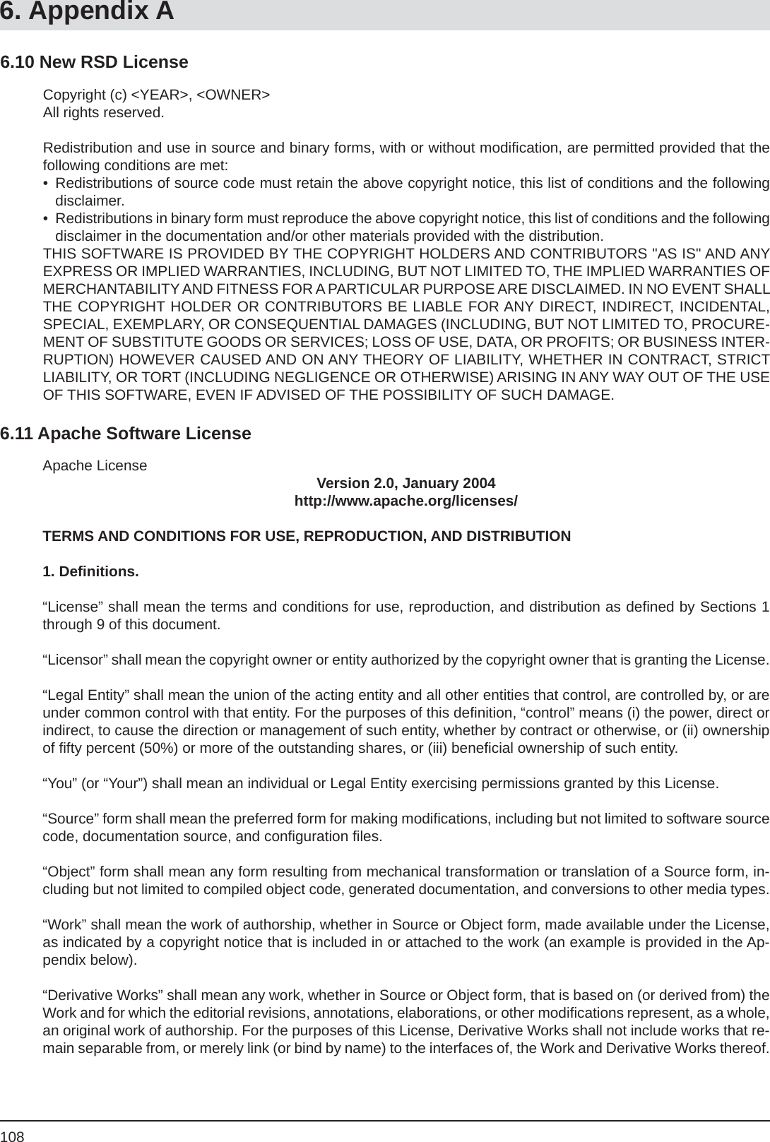 1086. Appendix ACopyright (c) &lt;YEAR&gt;, &lt;OWNER&gt;All rights reserved.Redistribution and use in source and binary forms, with or without modiﬁ cation, are permitted provided that the following conditions are met:•  Redistributions of source code must retain the above copyright notice, this list of conditions and the following disclaimer. •  Redistributions in binary form must reproduce the above copyright notice, this list of conditions and the following disclaimer in the documentation and/or other materials provided with the distribution. THIS SOFTWARE IS PROVIDED BY THE COPYRIGHT HOLDERS AND CONTRIBUTORS &quot;AS IS&quot; AND ANY EXPRESS OR IMPLIED WARRANTIES, INCLUDING, BUT NOT LIMITED TO, THE IMPLIED WARRANTIES OF MERCHANTABILITY AND FITNESS FOR A PARTICULAR PURPOSE ARE DISCLAIMED. IN NO EVENT SHALL THE COPYRIGHT HOLDER OR CONTRIBUTORS BE LIABLE FOR ANY DIRECT, INDIRECT, INCIDENTAL, SPECIAL, EXEMPLARY, OR CONSEQUENTIAL DAMAGES (INCLUDING, BUT NOT LIMITED TO, PROCURE-MENT OF SUBSTITUTE GOODS OR SERVICES; LOSS OF USE, DATA, OR PROFITS; OR BUSINESS INTER-RUPTION) HOWEVER CAUSED AND ON ANY THEORY OF LIABILITY, WHETHER IN CONTRACT, STRICT LIABILITY, OR TORT (INCLUDING NEGLIGENCE OR OTHERWISE) ARISING IN ANY WAY OUT OF THE USE OF THIS SOFTWARE, EVEN IF ADVISED OF THE POSSIBILITY OF SUCH DAMAGE.Apache License Version 2.0, January 2004http://www.apache.org/licenses/TERMS AND CONDITIONS FOR USE, REPRODUCTION, AND DISTRIBUTION1. Deﬁ nitions.“License” shall mean the terms and conditions for use, reproduction, and distribution as deﬁ ned by Sections 1 through 9 of this document.“Licensor” shall mean the copyright owner or entity authorized by the copyright owner that is granting the License.“Legal Entity” shall mean the union of the acting entity and all other entities that control, are controlled by, or are under common control with that entity. For the purposes of this deﬁ nition, “control” means (i) the power, direct or indirect, to cause the direction or management of such entity, whether by contract or otherwise, or (ii) ownership of ﬁ fty percent (50%) or more of the outstanding shares, or (iii) beneﬁ cial ownership of such entity.“You” (or “Your”) shall mean an individual or Legal Entity exercising permissions granted by this License.“Source” form shall mean the preferred form for making modiﬁ cations, including but not limited to software source code, documentation source, and conﬁ guration ﬁ les.“Object” form shall mean any form resulting from mechanical transformation or translation of a Source form, in-cluding but not limited to compiled object code, generated documentation, and conversions to other media types.“Work” shall mean the work of authorship, whether in Source or Object form, made available under the License, as indicated by a copyright notice that is included in or attached to the work (an example is provided in the Ap-pendix below).“Derivative Works” shall mean any work, whether in Source or Object form, that is based on (or derived from) the Work and for which the editorial revisions, annotations, elaborations, or other modiﬁ cations represent, as a whole, an original work of authorship. For the purposes of this License, Derivative Works shall not include works that re-main separable from, or merely link (or bind by name) to the interfaces of, the Work and Derivative Works thereof.6.10 New RSD License6.11 Apache Software License