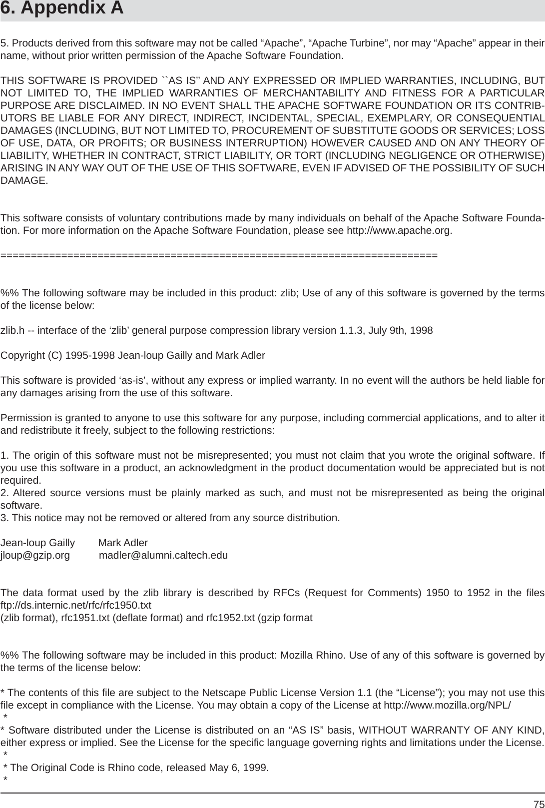 756. Appendix A5. Products derived from this software may not be called “Apache”, “Apache Turbine”, nor may “Apache” appear in their name, without prior written permission of the Apache Software Foundation.THIS SOFTWARE IS PROVIDED ``AS IS’’ AND ANY EXPRESSED OR IMPLIED WARRANTIES, INCLUDING, BUT NOT LIMITED TO, THE IMPLIED WARRANTIES OF MERCHANTABILITY AND FITNESS FOR A PARTICULARPURPOSE ARE DISCLAIMED. IN NO EVENT SHALL THE APACHE SOFTWARE FOUNDATION OR ITS CONTRIB-UTORS BE LIABLE FOR ANY DIRECT, INDIRECT, INCIDENTAL, SPECIAL, EXEMPLARY, OR CONSEQUENTIAL DAMAGES (INCLUDING, BUT NOT LIMITED TO, PROCUREMENT OF SUBSTITUTE GOODS OR SERVICES; LOSS OF USE, DATA, OR PROFITS; OR BUSINESS INTERRUPTION) HOWEVER CAUSED AND ON ANY THEORY OF LIABILITY, WHETHER IN CONTRACT, STRICT LIABILITY, OR TORT (INCLUDING NEGLIGENCE OR OTHERWISE) ARISING IN ANY WAY OUT OF THE USE OF THIS SOFTWARE, EVEN IF ADVISED OF THE POSSIBILITY OF SUCH DAMAGE.This software consists of voluntary contributions made by many individuals on behalf of the Apache Software Founda-tion. For more information on the Apache Software Foundation, please see http://www.apache.org.========================================================================%% The following software may be included in this product: zlib; Use of any of this software is governed by the terms of the license below:zlib.h -- interface of the ‘zlib’ general purpose compression library version 1.1.3, July 9th, 1998Copyright (C) 1995-1998 Jean-loup Gailly and Mark AdlerThis software is provided ‘as-is’, without any express or implied warranty. In no event will the authors be held liable for any damages arising from the use of this software.Permission is granted to anyone to use this software for any purpose, including commercial applications, and to alter it and redistribute it freely, subject to the following restrictions:1. The origin of this software must not be misrepresented; you must not claim that you wrote the original software. If you use this software in a product, an acknowledgment in the product documentation would be appreciated but is not required.2. Altered source versions must be plainly marked as such, and must not be misrepresented as being the originalsoftware.3. This notice may not be removed or altered from any source distribution.Jean-loup Gailly        Mark Adlerjloup@gzip.org          madler@alumni.caltech.eduThe data format used by the zlib library is described by RFCs (Request for Comments) 1950 to 1952 in the ﬁ les ftp://ds.internic.net/rfc/rfc1950.txt(zlib format), rfc1951.txt (deﬂ ate format) and rfc1952.txt (gzip format%% The following software may be included in this product: Mozilla Rhino. Use of any of this software is governed by the terms of the license below:* The contents of this ﬁ le are subject to the Netscape Public License Version 1.1 (the “License”); you may not use this ﬁ le except in compliance with the License. You may obtain a copy of the License at http://www.mozilla.org/NPL/ ** Software distributed under the License is distributed on an “AS IS” basis, WITHOUT WARRANTY OF ANY KIND, either express or implied. See the License for the speciﬁ c language governing rights and limitations under the License. * * The Original Code is Rhino code, released May 6, 1999. *