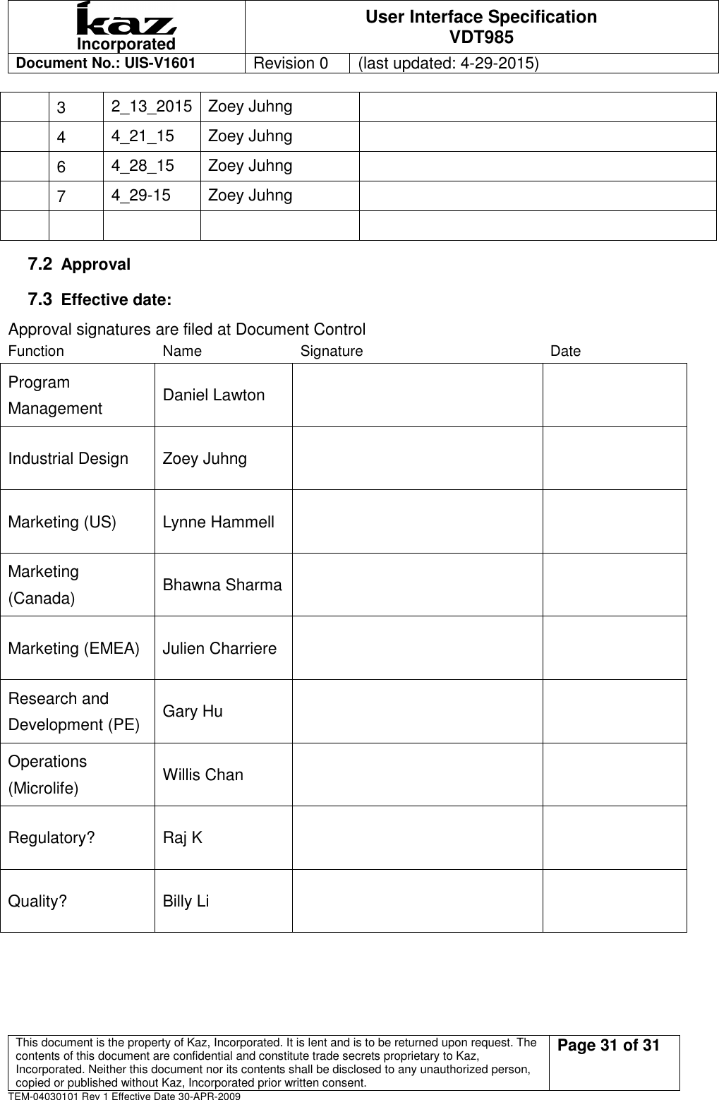  Incorporated User Interface Specification VDT985   Document No.: UIS-V1601   Revision 0    (last updated: 4-29-2015)  This document is the property of Kaz, Incorporated. It is lent and is to be returned upon request. The contents of this document are confidential and constitute trade secrets proprietary to Kaz, Incorporated. Neither this document nor its contents shall be disclosed to any unauthorized person, copied or published without Kaz, Incorporated prior written consent.                                                             Page 31 of 31 TEM-04030101 Rev 1 Effective Date 30-APR-2009   3  2_13_2015 Zoey Juhng     4  4_21_15  Zoey Juhng     6  4_28_15  Zoey Juhng     7  4_29-15  Zoey Juhng            7.2 Approval 7.3 Effective date:   Approval signatures are filed at Document Control   Function  Name  Signature  Date Program Management  Daniel Lawton       Industrial Design  Zoey Juhng     Marketing (US)  Lynne Hammell     Marketing (Canada)  Bhawna Sharma    Marketing (EMEA)  Julien Charriere     Research and Development (PE)  Gary Hu     Operations (Microlife)  Willis Chan     Regulatory?  Raj K     Quality?  Billy Li       