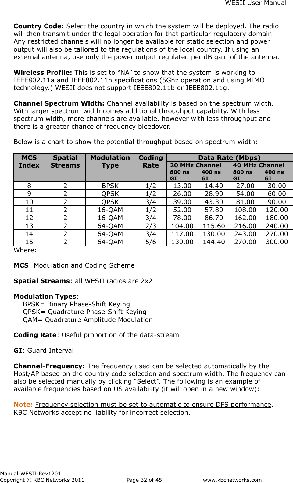     WESII User Manual        Manual-WESII-Rev1201 Copyright © KBC Networks 2011   Page 32 of 45           www.kbcnetworks.com                        Country Code: Select the country in which the system will be deployed. The radio will then transmit under the legal operation for that particular regulatory domain. Any restricted channels will no longer be available for static selection and power output will also be tailored to the regulations of the local country. If using an external antenna, use only the power output regulated per dB gain of the antenna.  Wireless Profile: This is set to “NA” to show that the system is working to IEEE802.11a and IEEE802.11n specifications (5Ghz operation and using MIMO technology.) WESII does not support IEEE802.11b or IEEE802.11g.     Channel Spectrum Width: Channel availability is based on the spectrum width. With larger spectrum width comes additional throughput capability. With less spectrum width, more channels are available, however with less throughput and there is a greater chance of frequency bleedover.   Below is a chart to show the potential throughput based on spectrum width:  MCS Index Spatial Streams Modulation Type Coding Rate Data Rate (Mbps) 20 MHz Channel 40 MHz Channel 800 ns GI 400 ns GI 800 ns GI 400 ns GI 8 2 BPSK 1/2 13.00 14.40 27.00 30.00 9 2 QPSK 1/2 26.00 28.90 54.00 60.00 10 2 QPSK 3/4 39.00 43.30 81.00 90.00 11 2 16-QAM 1/2 52.00 57.80 108.00 120.00 12 2 16-QAM 3/4 78.00 86.70 162.00 180.00 13 2 64-QAM 2/3 104.00 115.60 216.00 240.00 14 2 64-QAM 3/4 117.00 130.00 243.00 270.00 15 2 64-QAM 5/6 130.00 144.40 270.00 300.00 Where:  MCS: Modulation and Coding Scheme  Spatial Streams: all WESII radios are 2x2  Modulation Types:   BPSK= Binary Phase-Shift Keying   QPSK= Quadrature Phase-Shift Keying   QAM= Quadrature Amplitude Modulation  Coding Rate: Useful proportion of the data-stream  GI: Guard Interval  Channel-Frequency: The frequency used can be selected automatically by the Host/AP based on the country code selection and spectrum width. The frequency can also be selected manually by clicking “Select”. The following is an example of available frequencies based on US availability (it will open in a new window):  Note: Frequency selection must be set to automatic to ensure DFS performance. KBC Networks accept no liability for incorrect selection.  