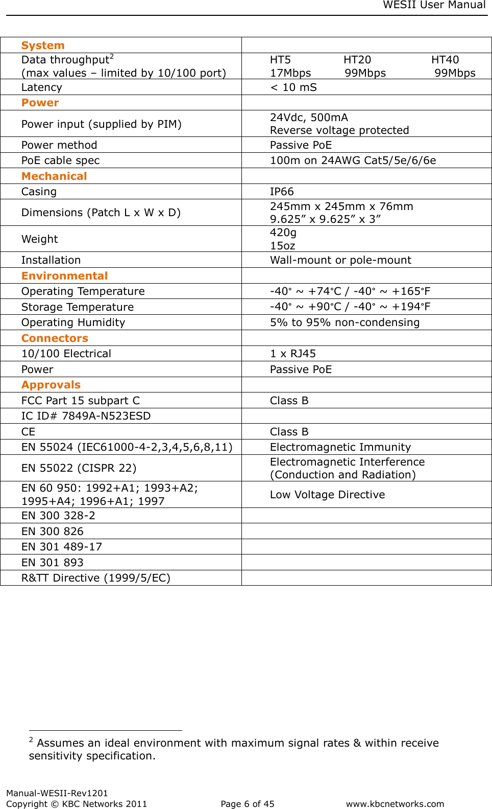     WESII User Manual        Manual-WESII-Rev1201 Copyright © KBC Networks 2011   Page 6 of 45           www.kbcnetworks.com                        System  Data throughput2  (max values – limited by 10/100 port) HT5              HT20                HT40 17Mbps         99Mbps             99Mbps Latency &lt; 10 mS Power   Power input (supplied by PIM) 24Vdc, 500mA  Reverse voltage protected Power method Passive PoE PoE cable spec 100m on 24AWG Cat5/5e/6/6e Mechanical  Casing IP66 Dimensions (Patch L x W x D) 245mm x 245mm x 76mm 9.625” x 9.625” x 3” Weight 420g  15oz Installation Wall-mount or pole-mount Environmental  Operating Temperature -40° ~ +74°C / -40° ~ +165°F Storage Temperature -40° ~ +90°C / -40° ~ +194°F Operating Humidity 5% to 95% non-condensing Connectors  10/100 Electrical 1 x RJ45 Power Passive PoE Approvals  FCC Part 15 subpart C Class B IC ID# 7849A-N523ESD  CE Class B EN 55024 (IEC61000-4-2,3,4,5,6,8,11) Electromagnetic Immunity EN 55022 (CISPR 22) Electromagnetic Interference (Conduction and Radiation) EN 60 950: 1992+A1; 1993+A2; 1995+A4; 1996+A1; 1997 Low Voltage Directive EN 300 328-2  EN 300 826  EN 301 489-17  EN 301 893  R&amp;TT Directive (1999/5/EC)                                                 2 Assumes an ideal environment with maximum signal rates &amp; within receive sensitivity specification. 
