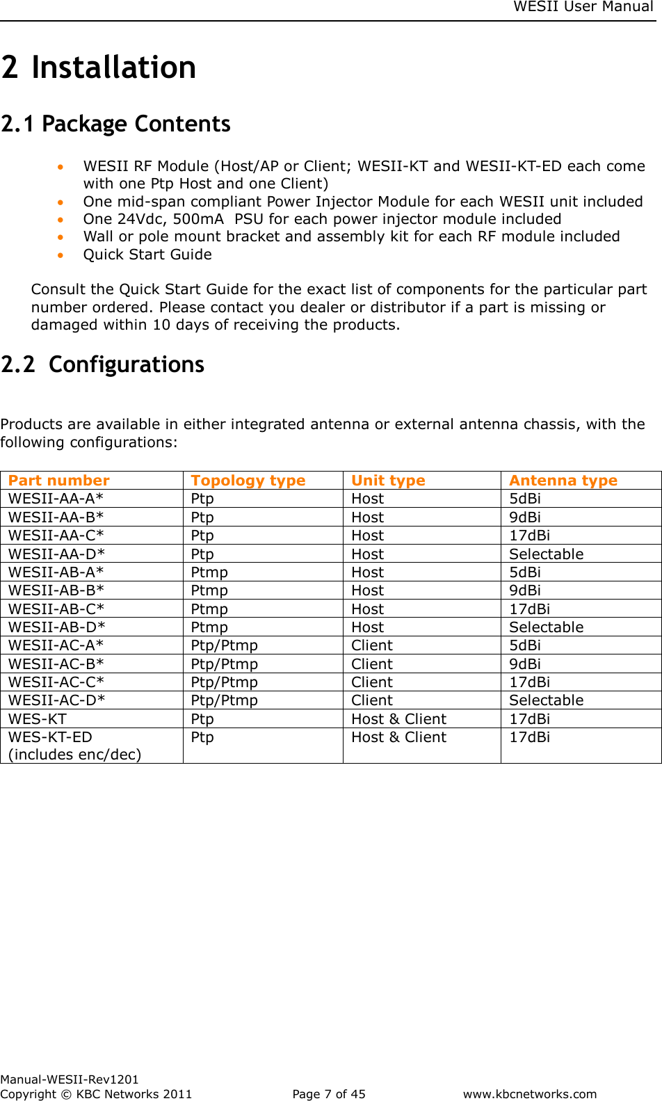     WESII User Manual        Manual-WESII-Rev1201 Copyright © KBC Networks 2011   Page 7 of 45           www.kbcnetworks.com                        2 Installation 2.1 Package Contents  WESII RF Module (Host/AP or Client; WESII-KT and WESII-KT-ED each come with one Ptp Host and one Client)  One mid-span compliant Power Injector Module for each WESII unit included  One 24Vdc, 500mA  PSU for each power injector module included  Wall or pole mount bracket and assembly kit for each RF module included  Quick Start Guide  Consult the Quick Start Guide for the exact list of components for the particular part number ordered. Please contact you dealer or distributor if a part is missing or damaged within 10 days of receiving the products. 2.2  Configurations  Products are available in either integrated antenna or external antenna chassis, with the following configurations:  Part number Topology type Unit type Antenna type WESII-AA-A* Ptp Host 5dBi WESII-AA-B* Ptp Host 9dBi WESII-AA-C* Ptp Host 17dBi WESII-AA-D* Ptp Host Selectable WESII-AB-A* Ptmp Host 5dBi WESII-AB-B* Ptmp Host 9dBi WESII-AB-C* Ptmp Host 17dBi WESII-AB-D* Ptmp Host Selectable WESII-AC-A* Ptp/Ptmp Client 5dBi WESII-AC-B* Ptp/Ptmp Client 9dBi WESII-AC-C* Ptp/Ptmp Client 17dBi WESII-AC-D* Ptp/Ptmp Client Selectable WES-KT Ptp Host &amp; Client 17dBi WES-KT-ED (includes enc/dec) Ptp Host &amp; Client 17dBi             