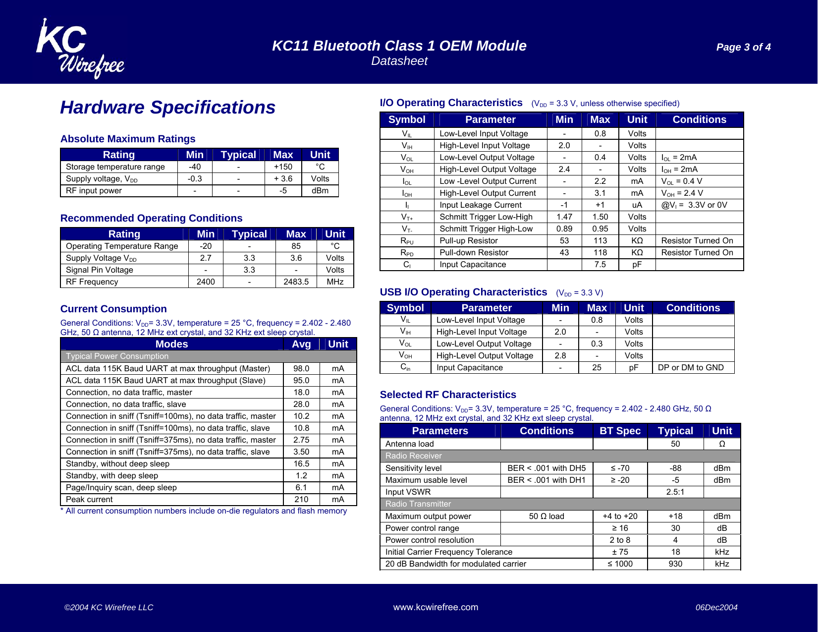   KC11 Bluetooth Class 1 OEM Module  Page 3 of 4  Datasheet    ©2004 KC Wirefree LLC www.kcwirefree.com  06Dec2004   Hardware Specifications  Absolute Maximum Ratings Rating  Min  Typical  Max  Unit Storage temperature range   -40  -  +150  °C Supply voltage, VDD -0.3 - + 3.6 Volts RF input power  -  -  -5  dBm  Recommended Operating Conditions Rating  Min  Typical  Max  Unit Operating Temperature Range  -20  -  85  °C Supply Voltage VDD 2.7 3.3 3.6 Volts Signal Pin Voltage  -  3.3  -  Volts RF Frequency  2400  -  2483.5  MHz  Current Consumption General Conditions: VDD= 3.3V, temperature = 25 °C, frequency = 2.402 - 2.480 GHz, 50 Ω antenna, 12 MHz ext crystal, and 32 KHz ext sleep crystal. Modes  Avg  Unit Typical Power Consumption ACL data 115K Baud UART at max throughput (Master)  98.0  mA ACL data 115K Baud UART at max throughput (Slave)  95.0  mA Connection, no data traffic, master  18.0  mA Connection, no data traffic, slave  28.0  mA Connection in sniff (Tsniff=100ms), no data traffic, master   10.2  mA Connection in sniff (Tsniff=100ms), no data traffic, slave   10.8  mA Connection in sniff (Tsniff=375ms), no data traffic, master   2.75  mA Connection in sniff (Tsniff=375ms), no data traffic, slave   3.50  mA Standby, without deep sleep  16.5  mA Standby, with deep sleep  1.2  mA Page/Inquiry scan, deep sleep  6.1  mA Peak current   210  mA * All current consumption numbers include on-die regulators and flash memory I/O Operating Characteristics   (VDD = 3.3 V, unless otherwise specified) Symbol  Parameter  Min  Max  Unit  Conditions VIL Low-Level Input Voltage  - 0.8 Volts  VIH High-Level Input Voltage  2.0  - Volts  VOL  Low-Level Output Voltage  -  0.4  Volts  IOL = 2mA VOH  High-Level Output Voltage  2.4  -  Volts  IOH = 2mA IOL  Low -Level Output Current  -  2.2  mA  VOL = 0.4 V IOH  High-Level Output Current  -  3.1  mA  VOH = 2.4 V II  Input Leakage Current  -1  +1  uA  @VI =  3.3V or 0V VT+  Schmitt Trigger Low-High  1.47  1.50  Volts   VT-  Schmitt Trigger High-Low  0.89 0.95 Volts  RPU Pull-up Resistor  53 113 KΩ Resistor Turned On RPD Pull-down Resistor  43 118 KΩ Resistor Turned On CI Input Capacitance    7.5 pF   USB I/O Operating Characteristics   (VDD = 3.3 V) Symbol  Parameter  Min  Max  Unit  Conditions VIL Low-Level Input Voltage  -  0.8  Volts   VIH High-Level Input Voltage  2.0  -  Volts   VOL Low-Level Output Voltage  -  0.3  Volts   VOH High-Level Output Voltage  2.8  -  Volts   Cin Input Capacitance  -  25  pF  DP or DM to GND  Selected RF Characteristics  General Conditions: VDD= 3.3V, temperature = 25 °C, frequency = 2.402 - 2.480 GHz, 50 Ω antenna, 12 MHz ext crystal, and 32 KHz ext sleep crystal. Parameters  Conditions  BT Spec  Typical  Unit Antenna load      50  Ω Radio Receiver Sensitivity level  BER &lt; .001 with DH5  ≤ -70  -88  dBm Maximum usable level  BER &lt; .001 with DH1  ≥ -20  -5  dBm Input VSWR      2.5:1   Radio Transmitter Maximum output power  50 Ω load  +4 to +20  +18  dBm Power control range    ≥ 16  30  dB Power control resolution    2 to 8  4  dB Initial Carrier Frequency Tolerance  ± 75  18  kHz 20 dB Bandwidth for modulated carrier  ≤ 1000  930  kHz 