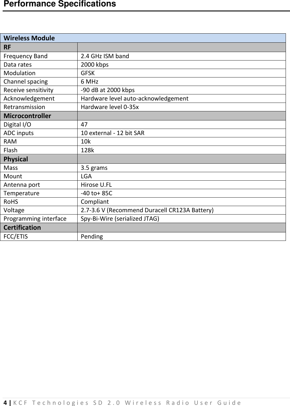 4 | K C F   T e c h n o l o g i e s   S D   2 . 0   W i r e l e s s   R a d i o   U s e r   G u i d e   Performance Specifications  Wireless Module RF  Frequency Band 2.4 GHz ISM band Data rates 2000 kbps Modulation GFSK Channel spacing 6 MHz Receive sensitivity -90 dB at 2000 kbps Acknowledgement Hardware level auto-acknowledgement Retransmission Hardware level 0-35x Microcontroller  Digital I/O 47 ADC inputs 10 external - 12 bit SAR RAM 10k Flash 128k Physical  Mass 3.5 grams Mount LGA Antenna port Hirose U.FL Temperature -40 to+ 85C RoHS Compliant Voltage 2.7-3.6 V (Recommend Duracell CR123A Battery) Programming interface Spy-Bi-Wire (serialized JTAG)  Certification  FCC/ETIS Pending    