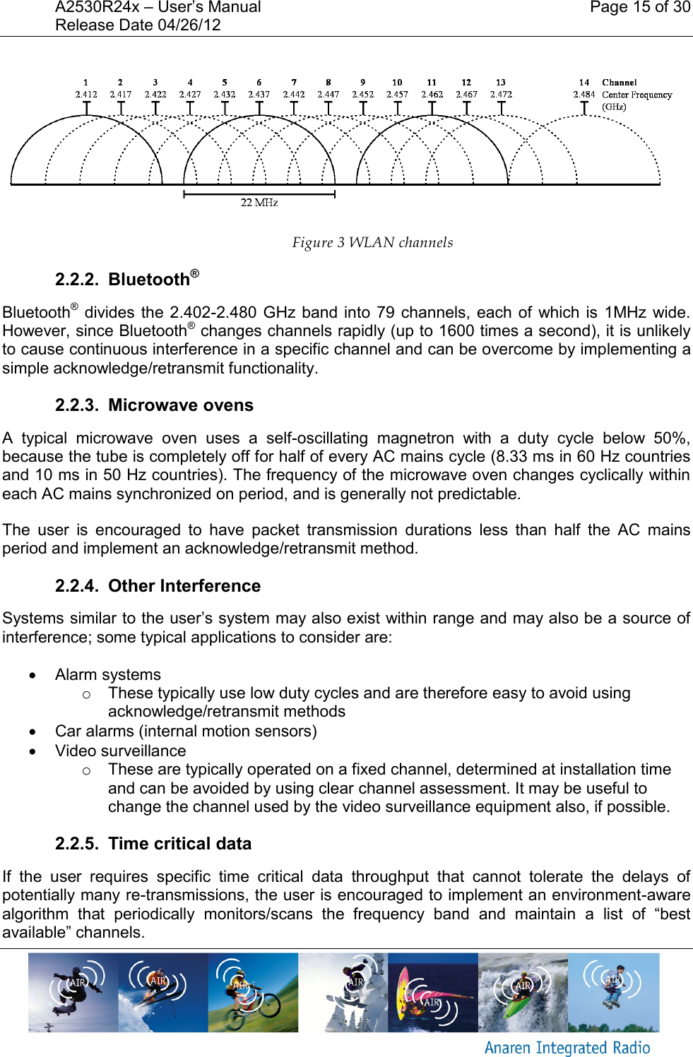 A2530R24x – User’s Manual    Page 15 of 30 Release Date 04/26/12        Figure 3 WLAN channels 2.2.2.  Bluetooth® Bluetooth® divides the 2.402-2.480 GHz band  into  79 channels,  each of  which is 1MHz  wide. However, since Bluetooth® changes channels rapidly (up to 1600 times a second), it is unlikely to cause continuous interference in a specific channel and can be overcome by implementing a simple acknowledge/retransmit functionality. 2.2.3.  Microwave ovens A  typical  microwave  oven  uses  a  self-oscillating  magnetron  with  a  duty  cycle  below  50%, because the tube is completely off for half of every AC mains cycle (8.33 ms in 60 Hz countries and 10 ms in 50 Hz countries). The frequency of the microwave oven changes cyclically within each AC mains synchronized on period, and is generally not predictable. The  user  is  encouraged  to  have  packet  transmission  durations  less  than  half  the  AC  mains period and implement an acknowledge/retransmit method. 2.2.4.  Other Interference Systems similar to the user’s system may also exist within range and may also be a source of interference; some typical applications to consider are:   Alarm systems o  These typically use low duty cycles and are therefore easy to avoid using acknowledge/retransmit methods   Car alarms (internal motion sensors)   Video surveillance o  These are typically operated on a fixed channel, determined at installation time and can be avoided by using clear channel assessment. It may be useful to change the channel used by the video surveillance equipment also, if possible. 2.2.5.  Time critical data If  the  user  requires  specific  time  critical  data  throughput  that  cannot  tolerate  the  delays  of potentially many re-transmissions, the user is encouraged to implement an environment-aware algorithm  that  periodically  monitors/scans  the  frequency  band  and  maintain  a  list  of  “best available” channels. 