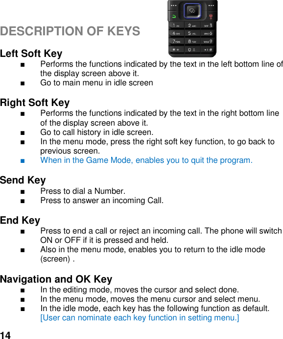  14  DESCRIPTION OF KEYS   Left Soft Key     Performs the functions indicated by the text in the left bottom line of the display screen above it.  Go to main menu in idle screen  Right Soft Key     Performs the functions indicated by the text in the right bottom line of the display screen above it.   Go to call history in idle screen.   In the menu mode, press the right soft key function, to go back to previous screen.   When in the Game Mode, enables you to quit the program.  Send Key     Press to dial a Number.   Press to answer an incoming Call.  End Key     Press to end a call or reject an incoming call. The phone will switch ON or OFF if it is pressed and held.   Also in the menu mode, enables you to return to the idle mode (screen) .  Navigation and OK Key     In the editing mode, moves the cursor and select done.   In the menu mode, moves the menu cursor and select menu.   In the idle mode, each key has the following function as default. [User can nominate each key function in setting menu.] 
