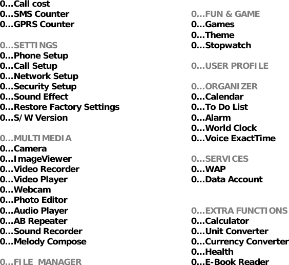 0&hellip;Call cost 0&hellip;SMS Counter 0&hellip;GPRS Counter  0&hellip;SETTINGS 0&hellip;Phone Setup 0&hellip;Call Setup 0&hellip;Network Setup 0&hellip;Security Setup 0&hellip;Sound Effect 0&hellip;Restore Factory Settings 0&hellip;S/W Version  0&hellip;MULTIMEDIA  0&hellip;Camera 0&hellip;ImageViewer 0&hellip;Video Recorder  0&hellip;Video Player 0&hellip;Webcam 0&hellip;Photo Editor 0&hellip;Audio Player 0&hellip;AB Repeater 0&hellip;Sound Recorder 0&hellip;Melody Compose  0&hellip;FILE  MANAGER  0&hellip;FUN &amp; GAME  0&hellip;Games 0&hellip;Theme 0&hellip;Stopwatch  0&hellip;USER PROFILE  0&hellip;ORGANIZER 0&hellip;Calendar 0&hellip;To Do List 0&hellip;Alarm 0&hellip;World Clock 0&hellip;Voice ExactTime  0&hellip;SERVICES 0&hellip;WAP 0&hellip;Data Account   0&hellip;EXTRA FUNCTIONS 0&hellip;Calculator 0&hellip;Unit Converter 0&hellip;Currency Converter 0&hellip;Health 0&hellip;E-Book Reader 